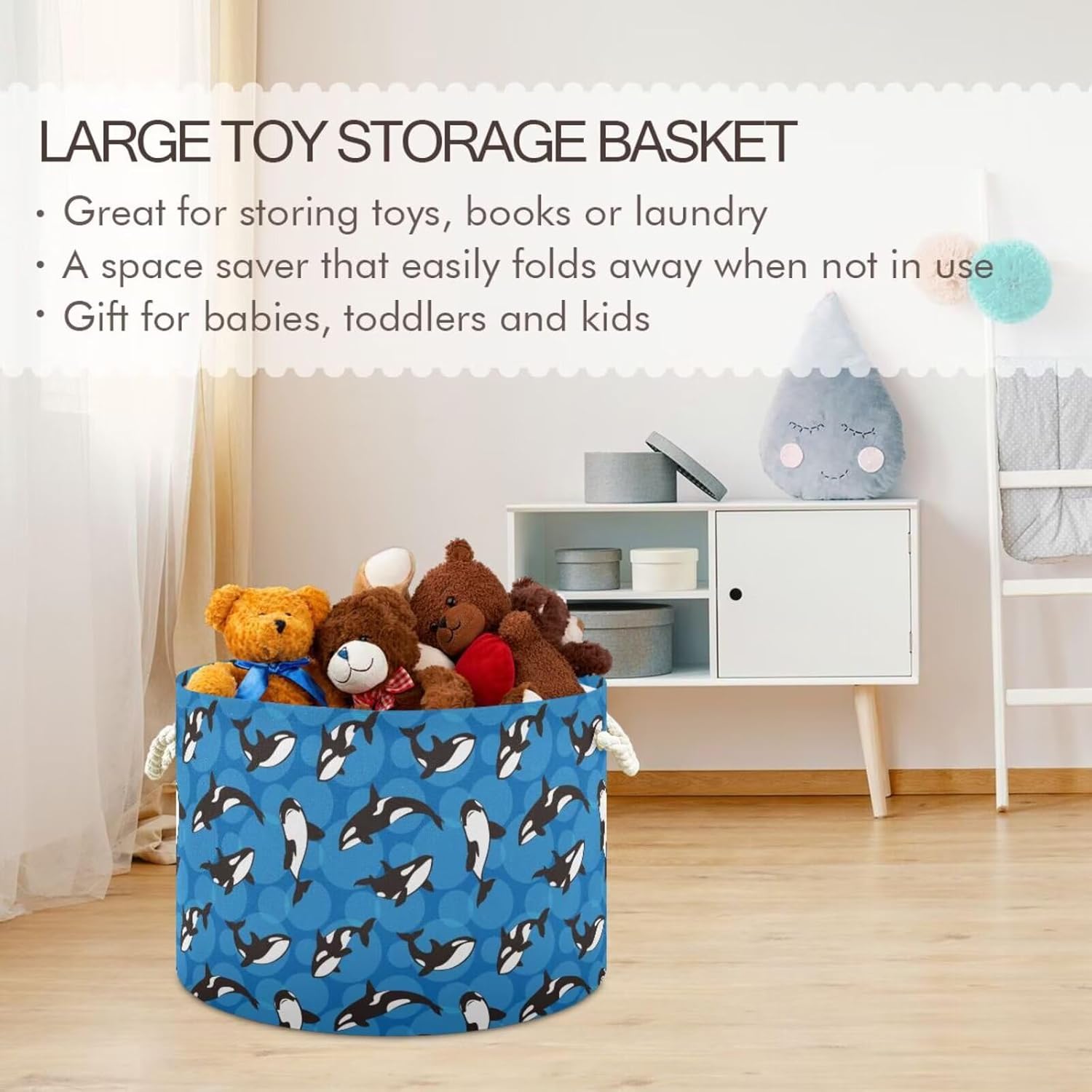 Orca Killer Whale Print Round Storage Basket Ocean Animal Large Laundry Hamper 20 x 20 x 14 Inches Organizer Bin with Cotton Rope Handles Clothes Storage Bag for Nursery Bedroom Living Room Decor