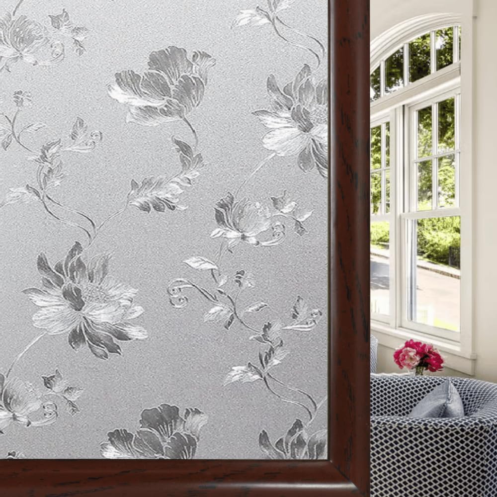 Privacy Window Film Frosted/Decorative/Reflective & UV Blocking Static Cling Adhesive/Heat Control One-Way Privacy & Glass Covering Removable Design 12X60 -FLF-(Pack 1)