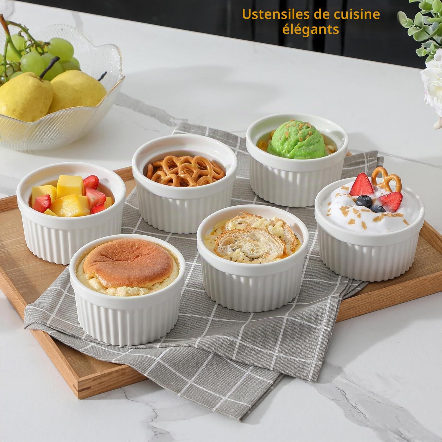Lot de 6 ramequins à crème brûlée, à soufflé, passent au four, en céramique pour ragoûts, délicieuses viandes assaisonnées, muffins, panna cotta, 10 cm, blanc