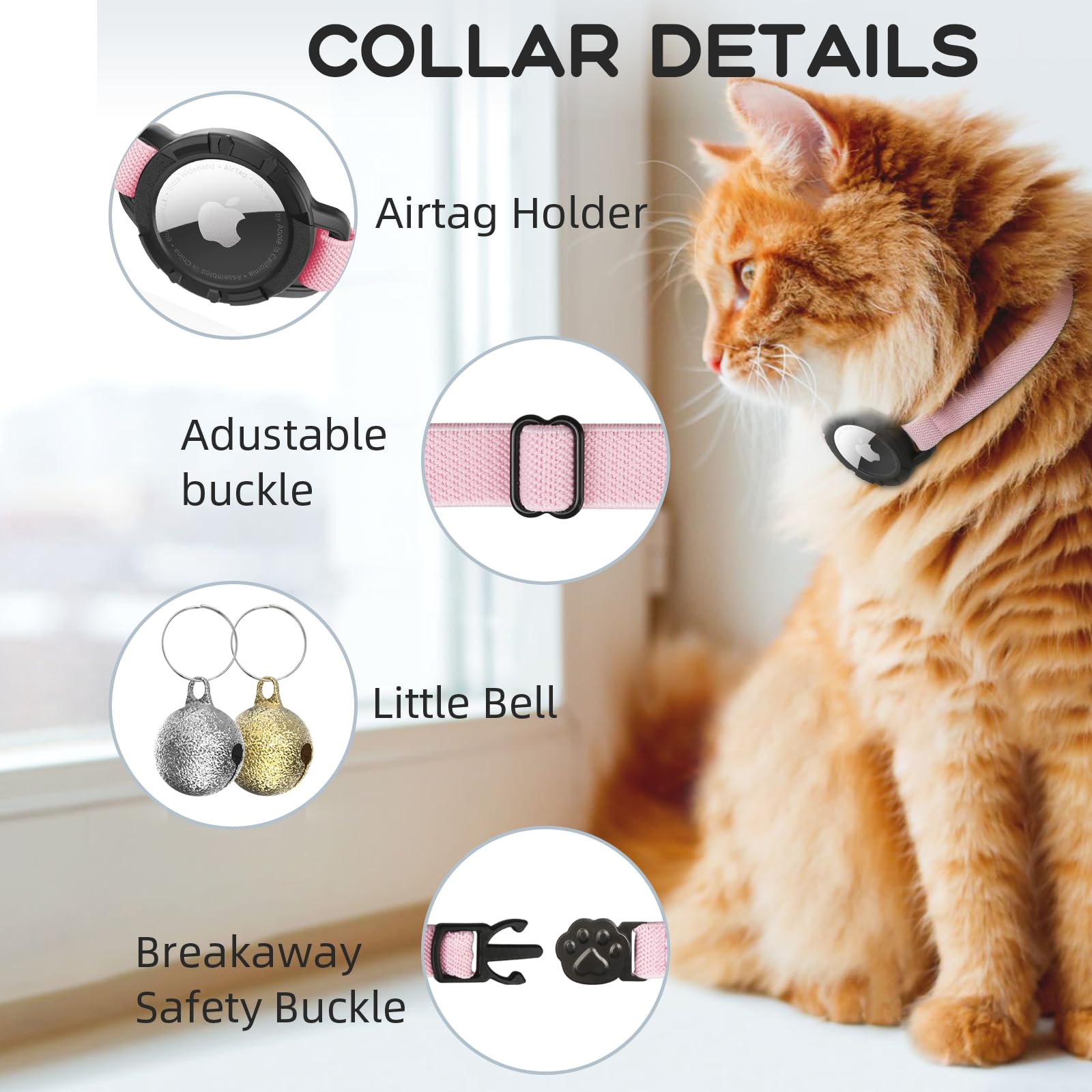 AirTag Katzenhalsbänder, dehnbares Halsband mit Apple Air Tag Halter und Glocke | Breakaway – Ultra Design Elastisch – GPS-Tracking-Halsbänder – verstellbare Größe für Katzen und Welpen 19,1–31,8 cm – (Rosa)