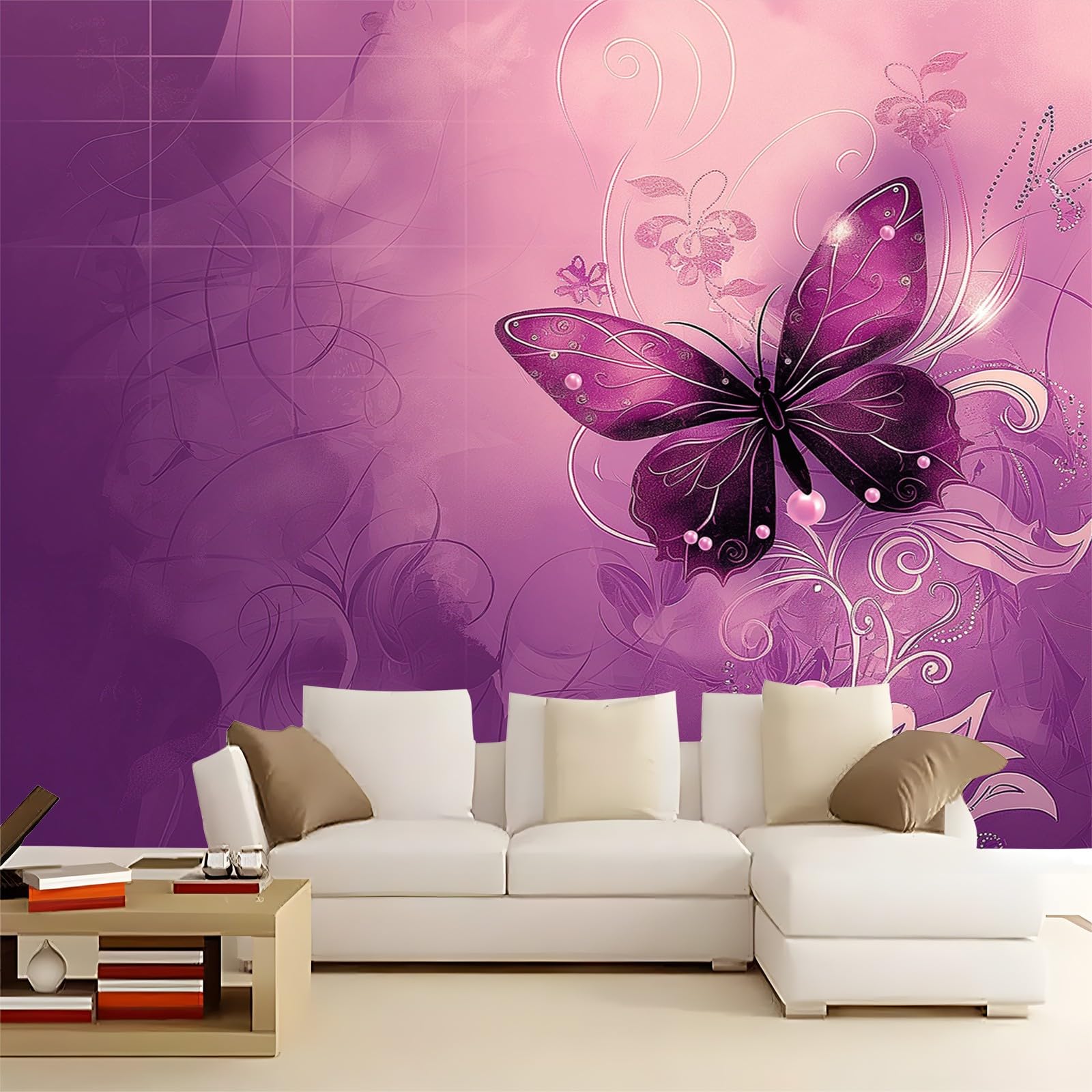 Tapeta 350 x 256 cm, tapeta na fizelinie, abstrakcyjny wir, motyl kwiatowy, dekoracja, wodoszczelna, folia ochronna na ścianę, do sypialni, salonu, tapeta ścienna, fototapeta fioletowa, w zestawie