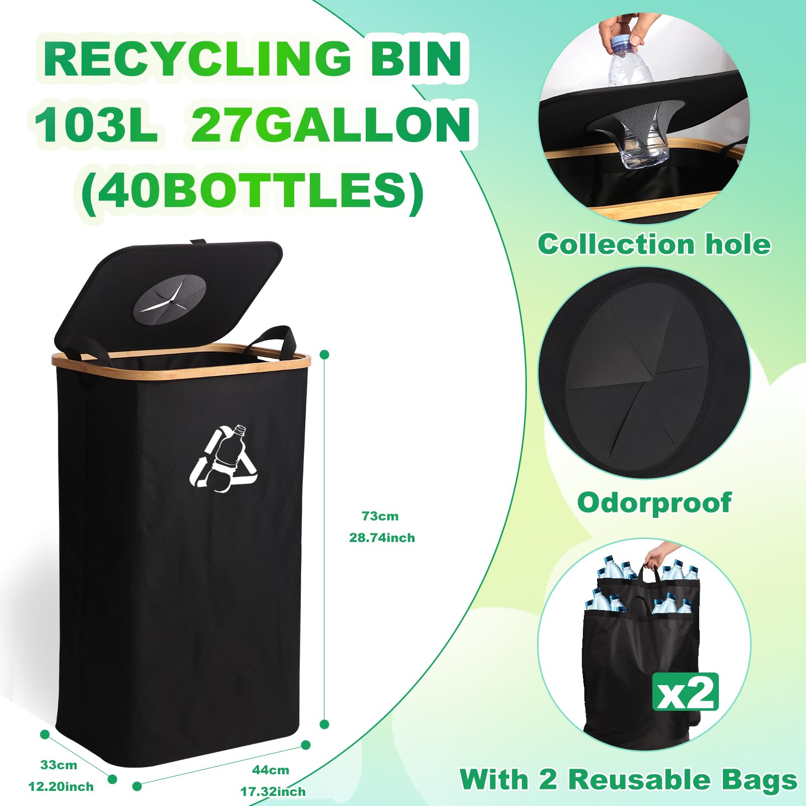 TROCHIN Recycling Bin for Kitchen Large 27 Gallon 103L Bin with 2 Removable Reusable Inner Bag,Large Indoor Home Recycling Bin for Bottle Can Glass Waste Plastics (Black)