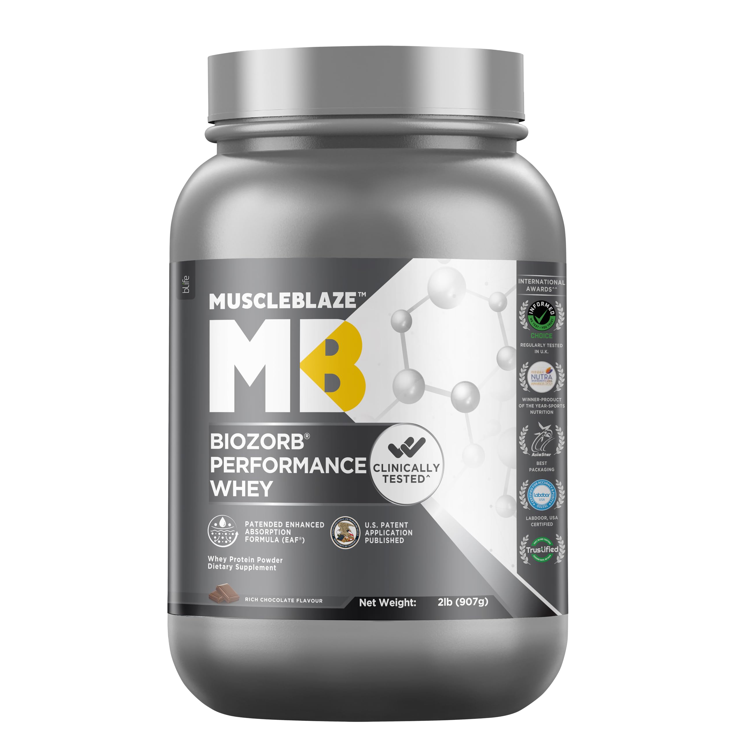 MuscleBlaze Biozorb Performance Whey Protein (Rich Chocolate, 2lbs / 907g) | Clinically Tested 50% Higher Protein Absorption