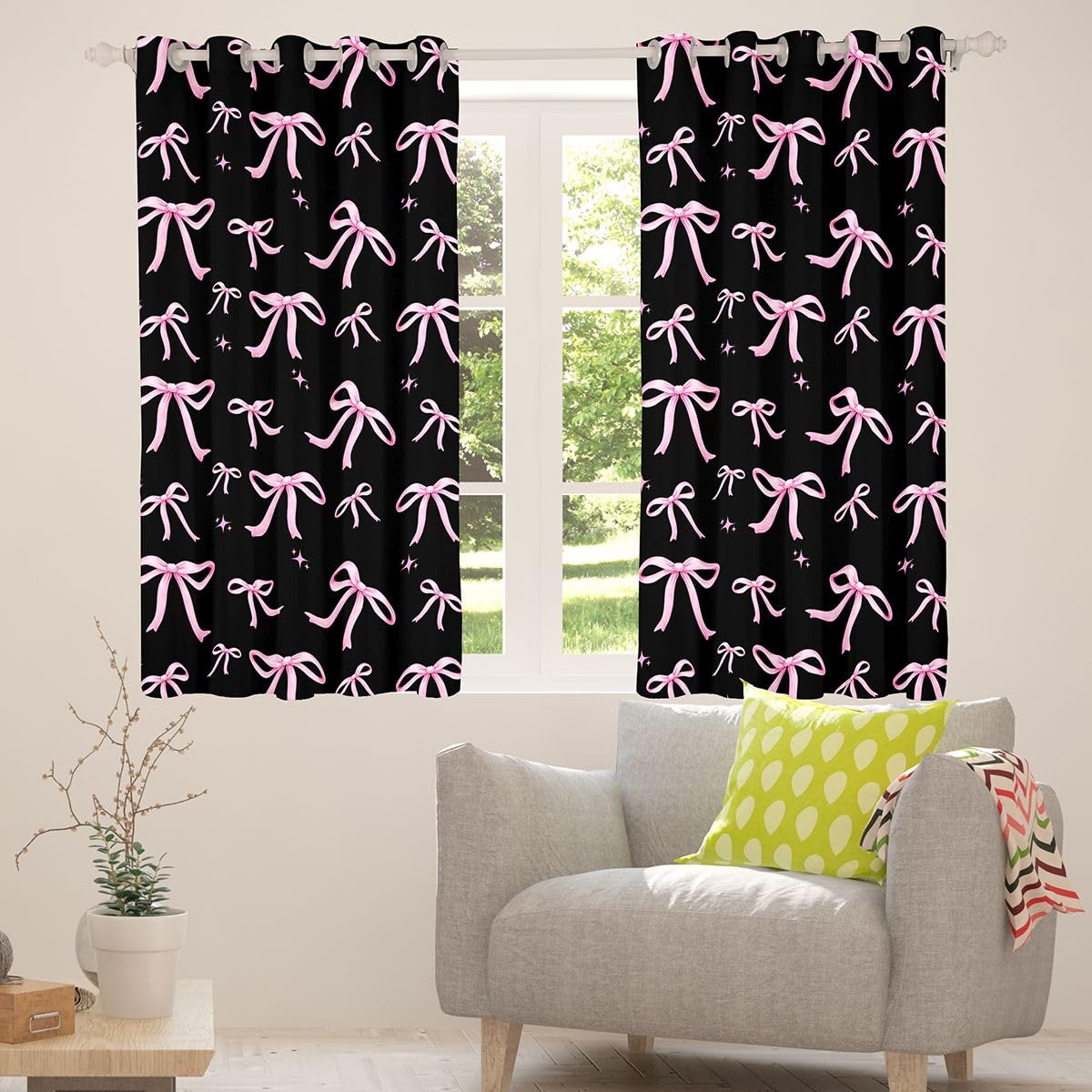 Homwish - Tende per finestre con fiocco rosa e nero, 168 x 228 cm, 2 pannelli, per graziose tende oscuranti con fiocco da ragazza, tende oscuranti per finestre a tema coquette sognante con stelle dei