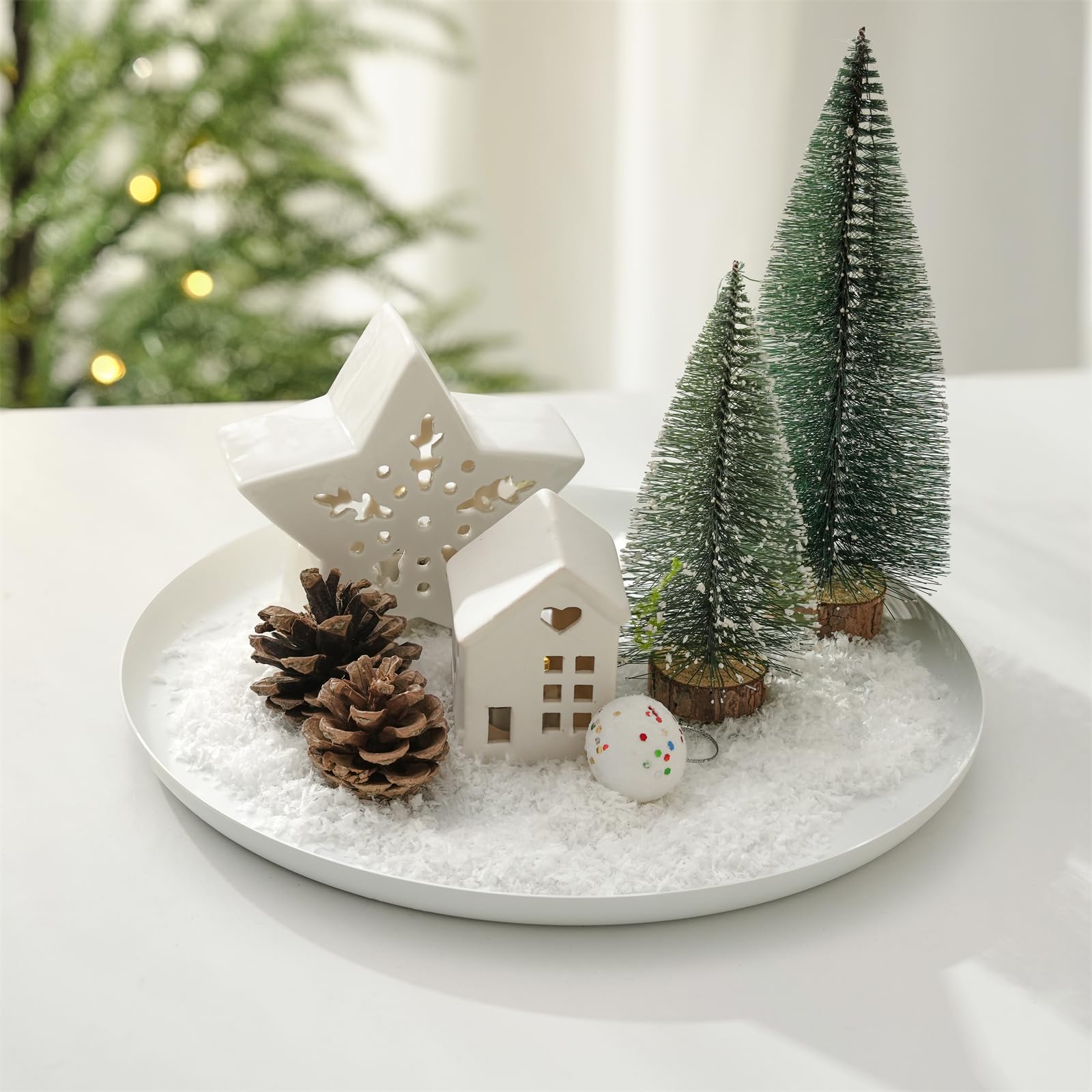 Sziqiqi Portacandele Vassoio Decorativo in Metallo: Piatto per Candele Rotondo per Centrotavola - Portacandele a Colonna Bianco Vassoio da Portata Moderno per Soggiorno Cena Cucina Bancone Bagno