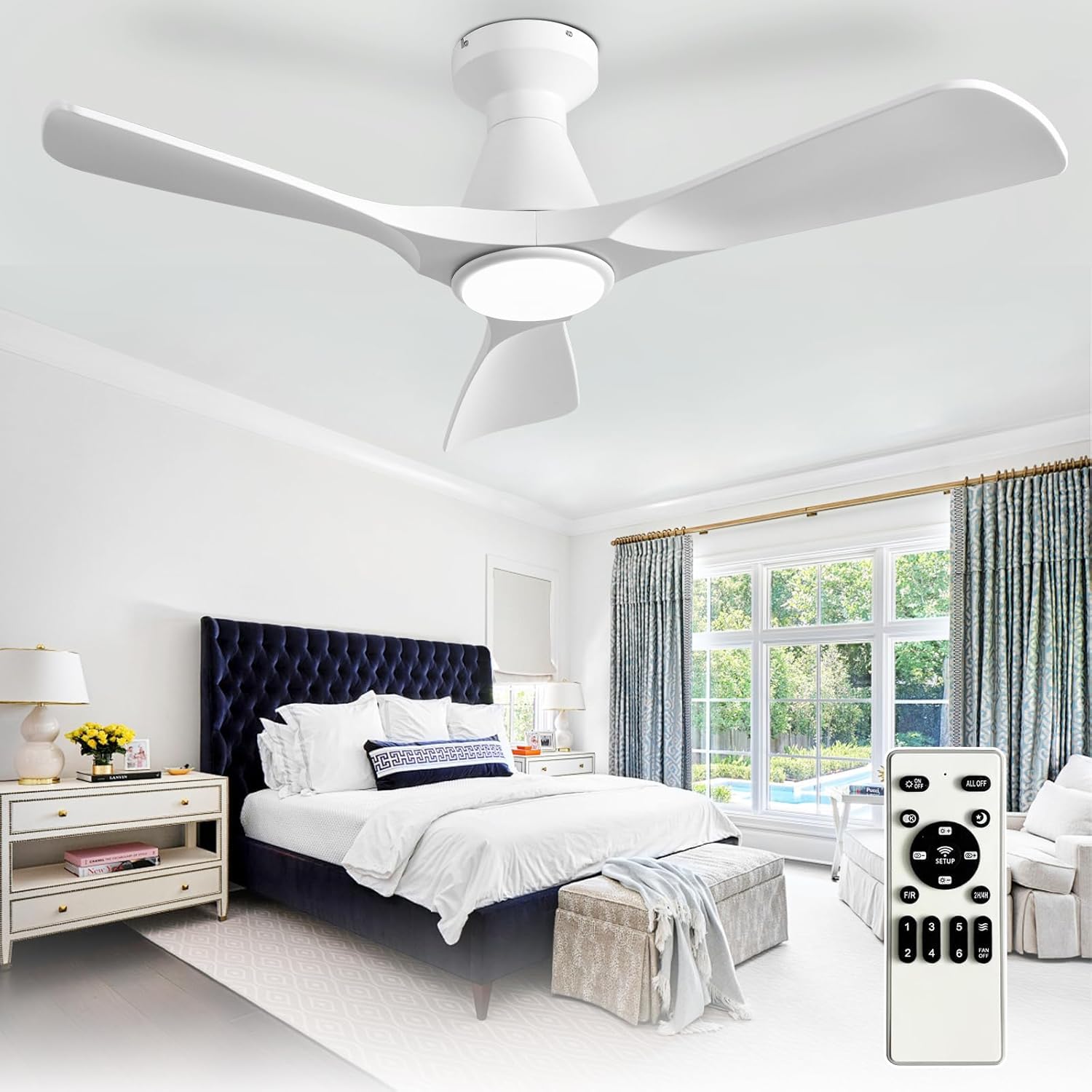Depuley 42-Inch Ceiling Fans with Lights: White 3 Blade Flush Mount Low Profile Ceiling Fan for Bedroom - Dimmable Outdoor Quiet DC Motor Fan with Remote Control Timer