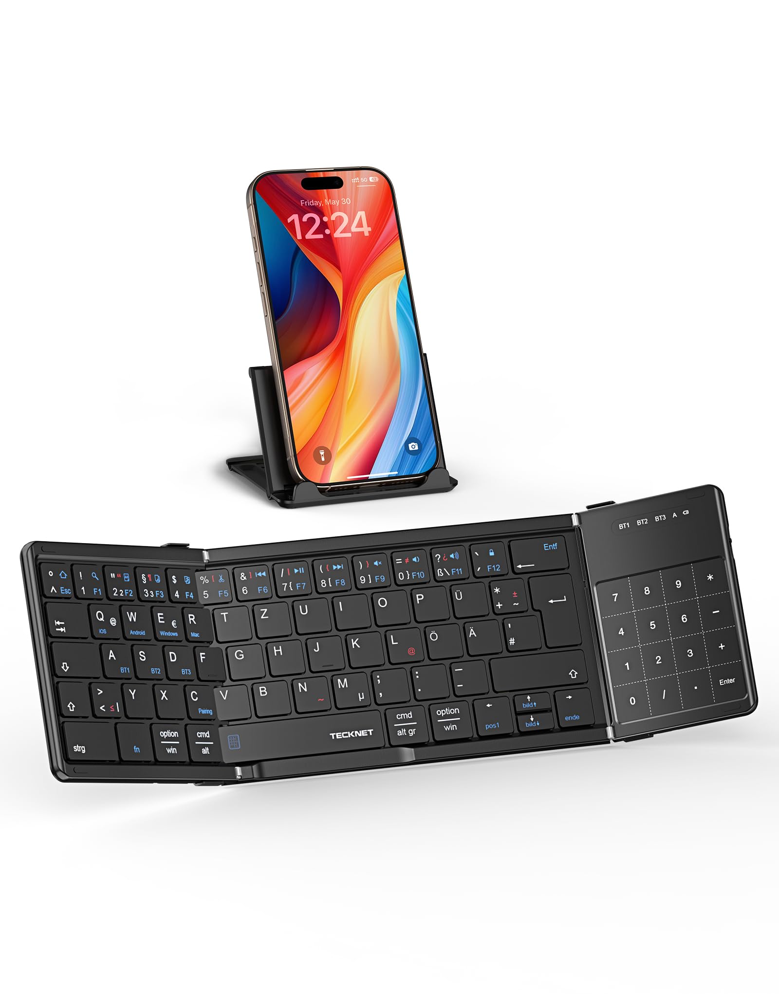 TECKNET Bluetooth Tastatur Faltbare mit Touchpad, QWERTZ Deutsch, Schwarz
