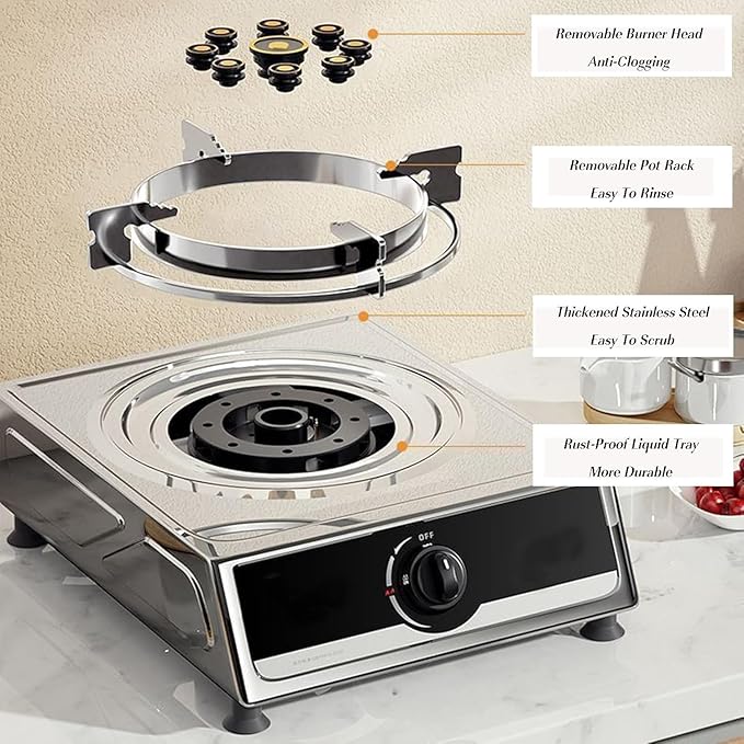 Estufa de Gas de 1 Quemador, Encendido Electrónico, Acero Inoxidable miniatura 7