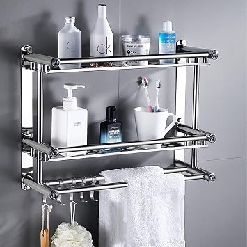 Bathroom Shelf with Towel Bar Towel Rack Towel Holder Wall Mount 40/50/60/70/80cm Towel Shelf 1/2/3 Tier Bathroom Shelves with 5 Hooks Shower Organizer for Kitchen Polished Stainless Steel No Drill