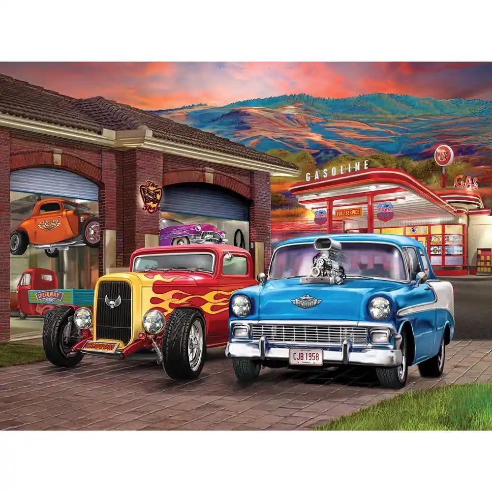 Bits and Pieces 50 Piece Puzzles for Adults 50 Large Pieces 15" x 19" Jigsaw Puzzles, Classic Cars Hot Rods, Random Die Cut, No 2 Pieces Alike, Hot