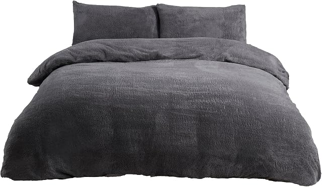 Sleepdown Teddy Fleece Duvet Cover Quilt Bedding Set with Pillow Cases Thermal Warm Cosy Super Soft - Double - Charcoal