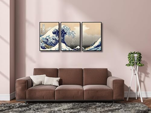 Vista 101 de Wieco Art Great Wave of Kanagawa Katsushika Hokusai 3 piezas modernas sobre lienzo estirado impresiones sobre lienzo, arte de pared para decoración