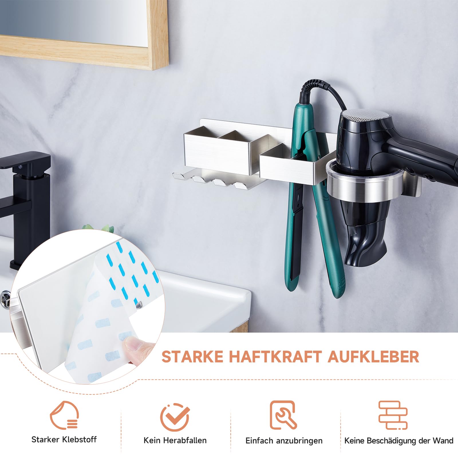 Fönhalter Ohne Bohren, Föhn Halterung für Haartrockner und Glätteisen, Haartrocknerhalter mit 2 Fächern Aufbewahrung und Kabelhalter,Edelstahl Föhnhalter Wand Glätteisen Halterung Bad Barbershop Hotel Küche, Haushalt & Wohnen