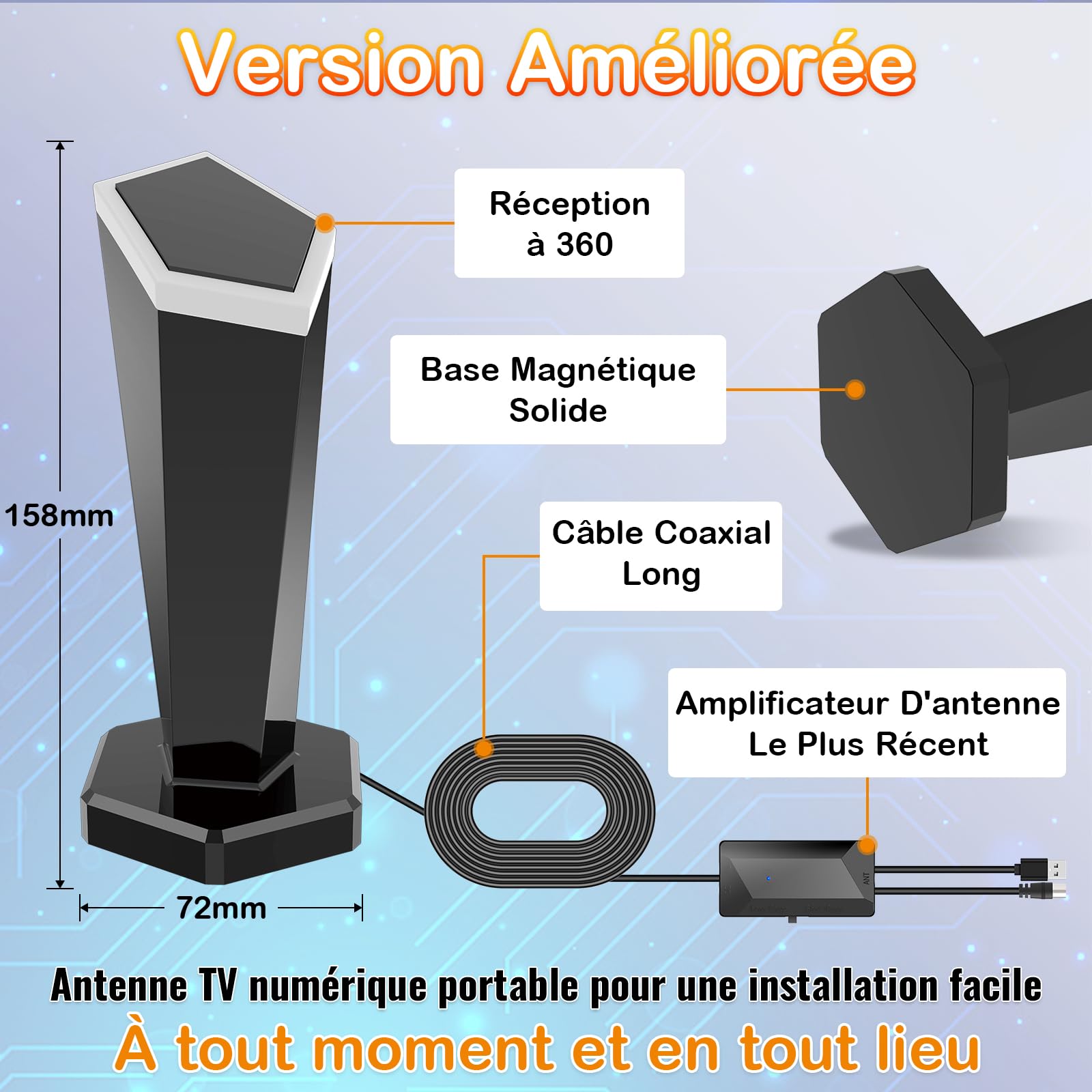 Antenne TV Intérieure Puissante TNT,460+KM Antenne TNT IntéRieur avec Amplificateur de Signal à Gain Élevé,Réception Longue Portée à 360°,Compatible avec Smart TV 4K/1080P/Tous Les TVs