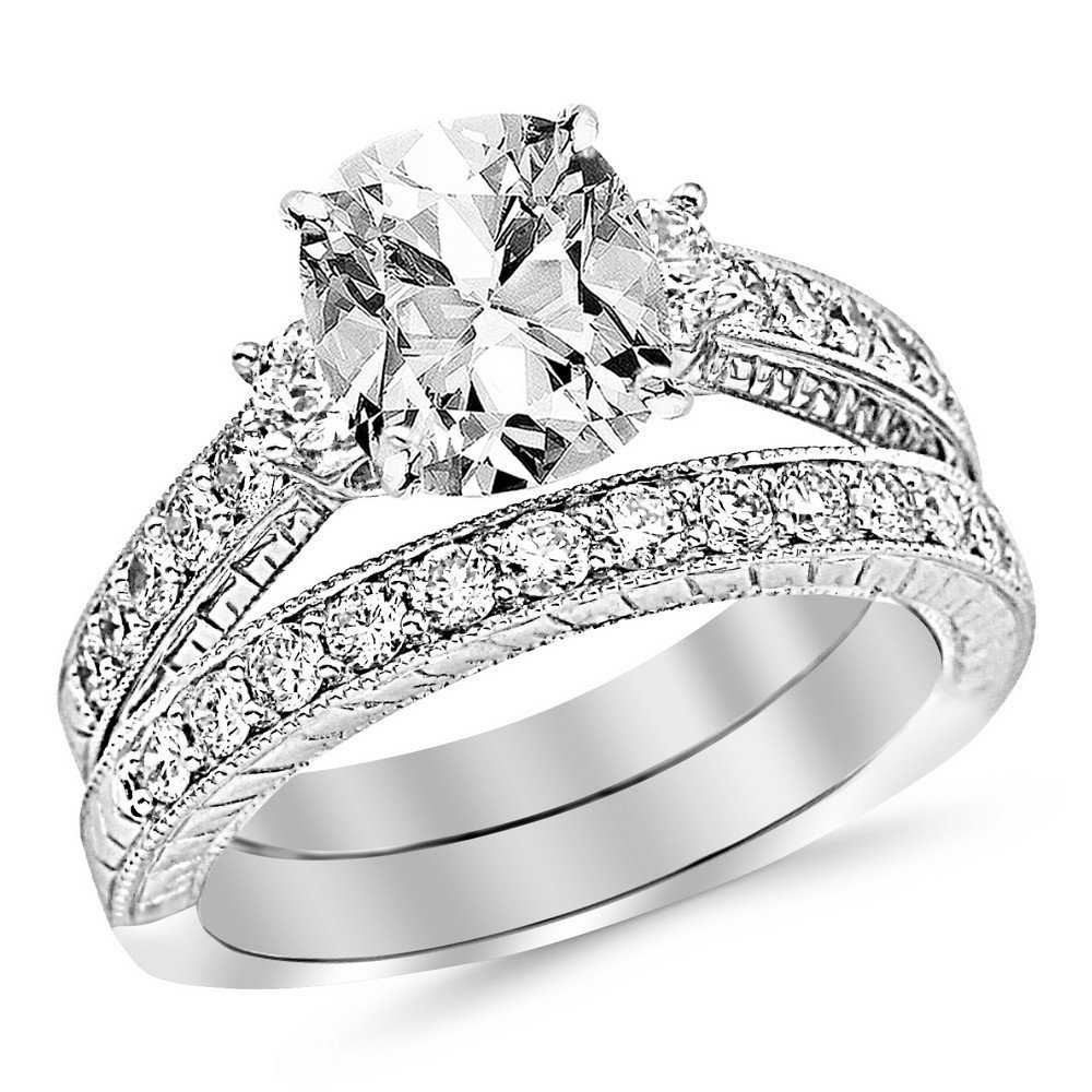 14K White Gold 3 to 7 Carat LAB GROWN DIAMOND Three Stone Vintage With Milgrain & Filigree Bridal Set with Wedding Band & Cushion Cut Diamond Engagement Ring (D-E Color VS1-VS2 Clarity 2 Ct Center)