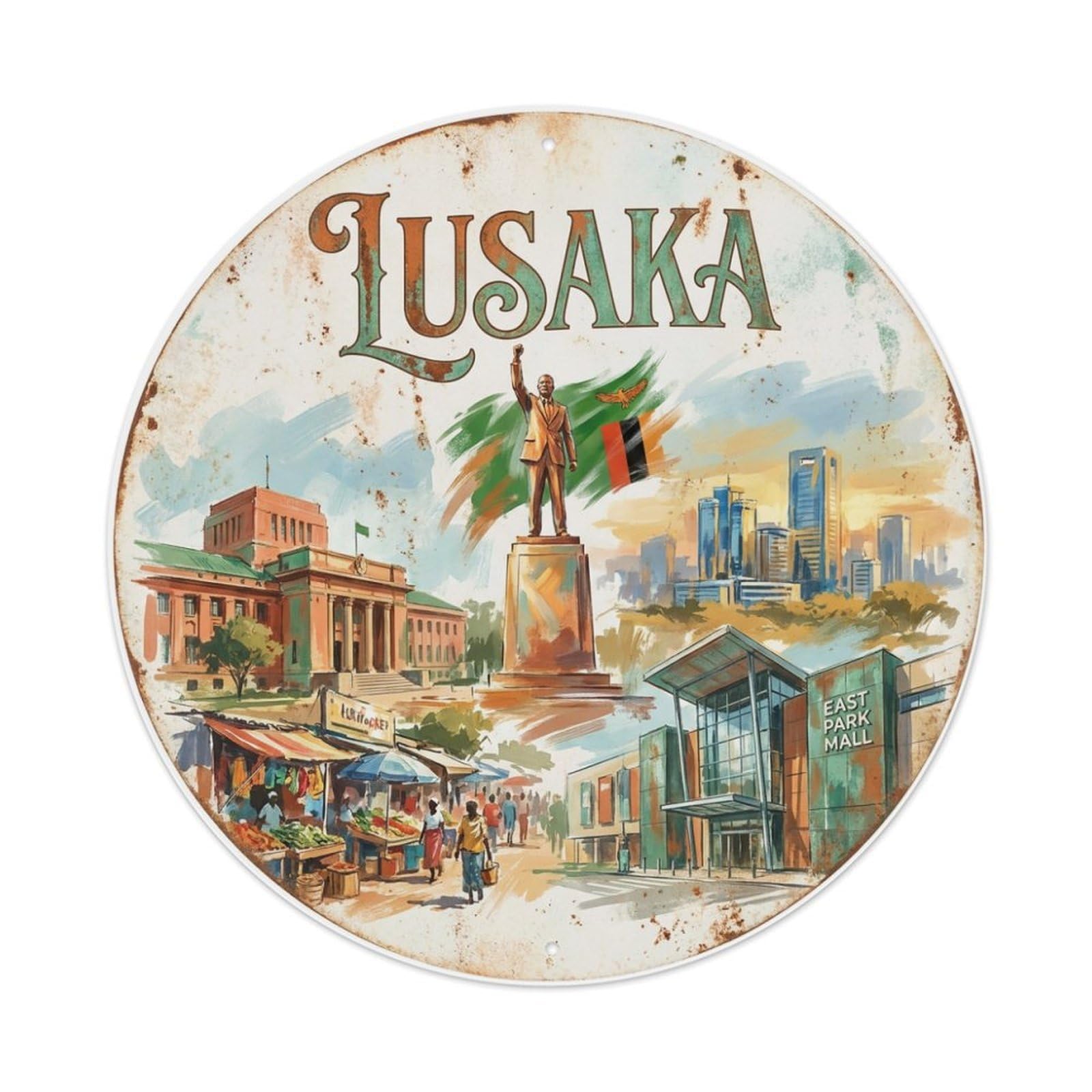 Vintage Travel Zambia Lusaka Metal Tin Sign