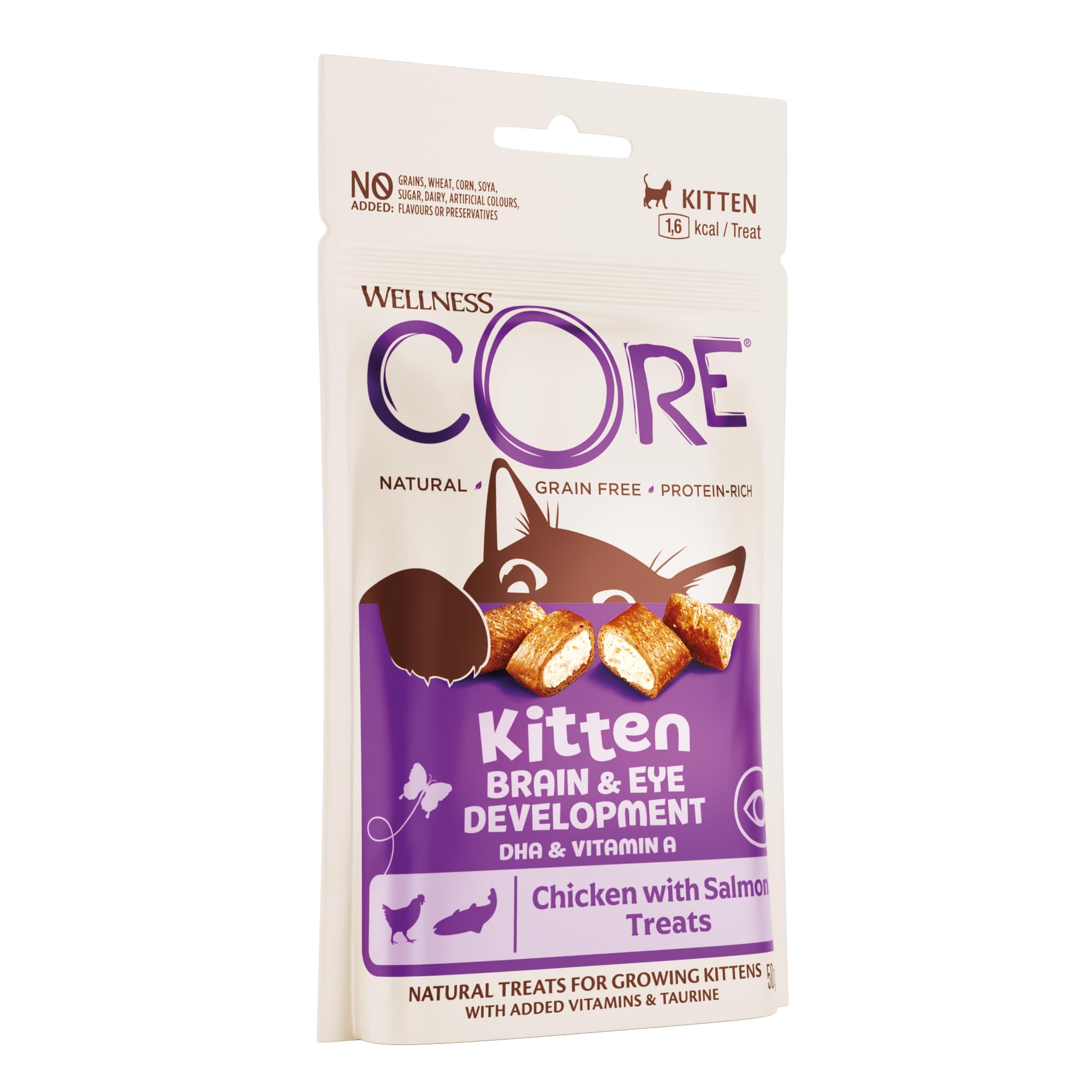 Wellness CORE Kitten Treats 50g, Chicken & Salmon – Cat Treats, Grain-Free, Natural, Hypoallergenic, Protein-Rich, High Meat Content, Supports Brain & Eye Development