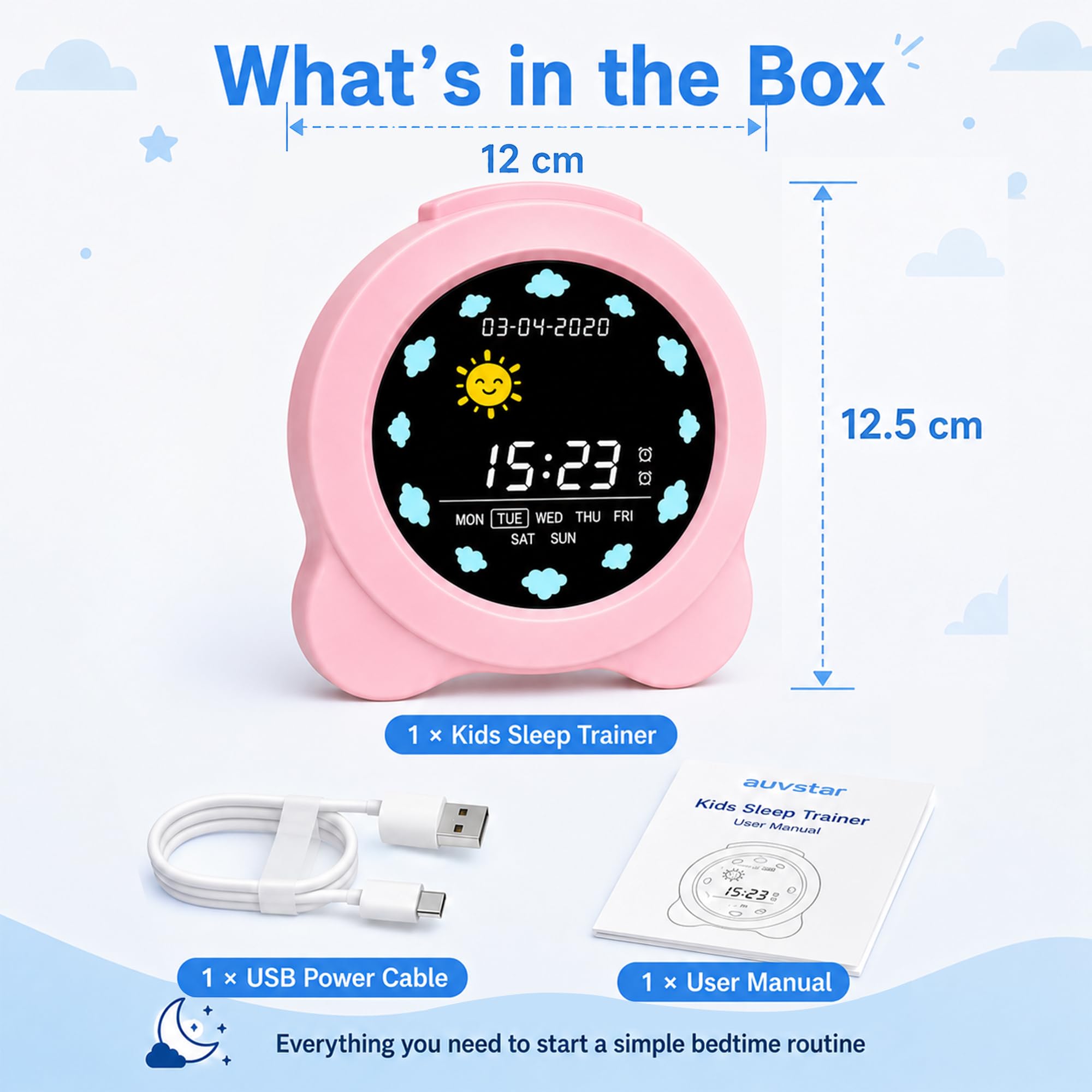 auvstar Sveglia Bambini,Sleep Trainer Clock,Sveglia Digitale per Bambini per l'allenamento del Sonno,Display 3.6 LCD con Modalità per Mattina e Notte, 6 Suoni di Allarme,Alimentato Tramite USB
