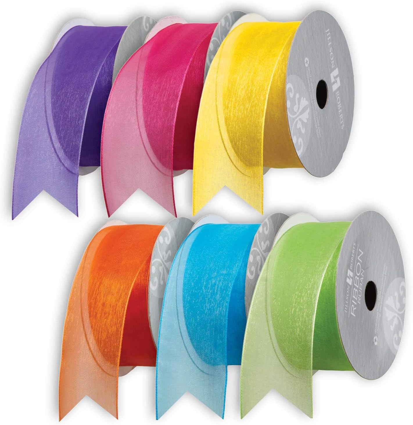 Jillson Roberts 6 Spool-Count 1.5" x 10' Sheer Organdy Ribbon Available in 3 Different Assortments, Bold and Bright