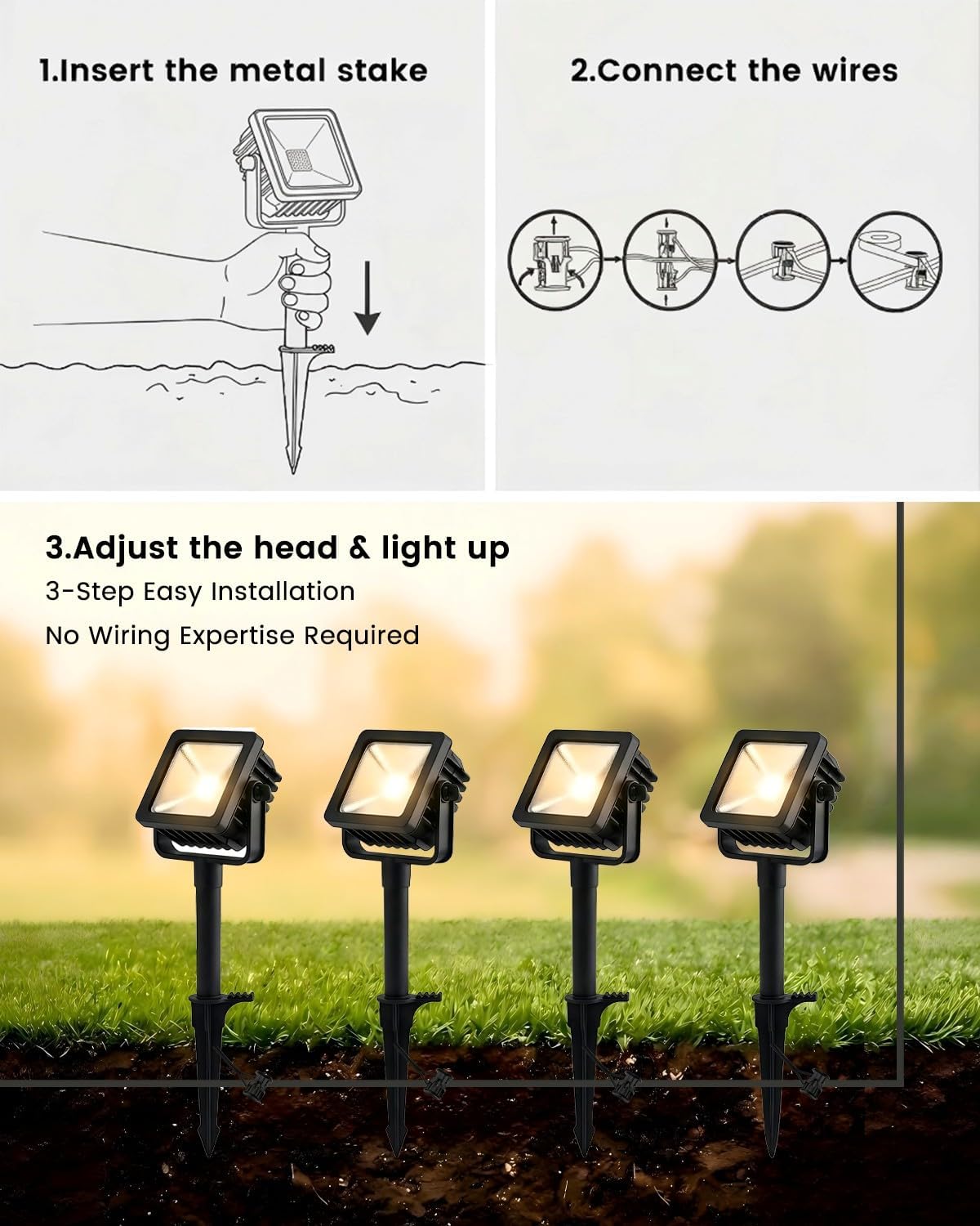 Outdoor LED Spotlight with Metal Ground Spike - 16.8W Adjustable Die-Cast Aluminum Landscape Lighting, Wet Location Safe for Garden, Pathway and Yard Illumination