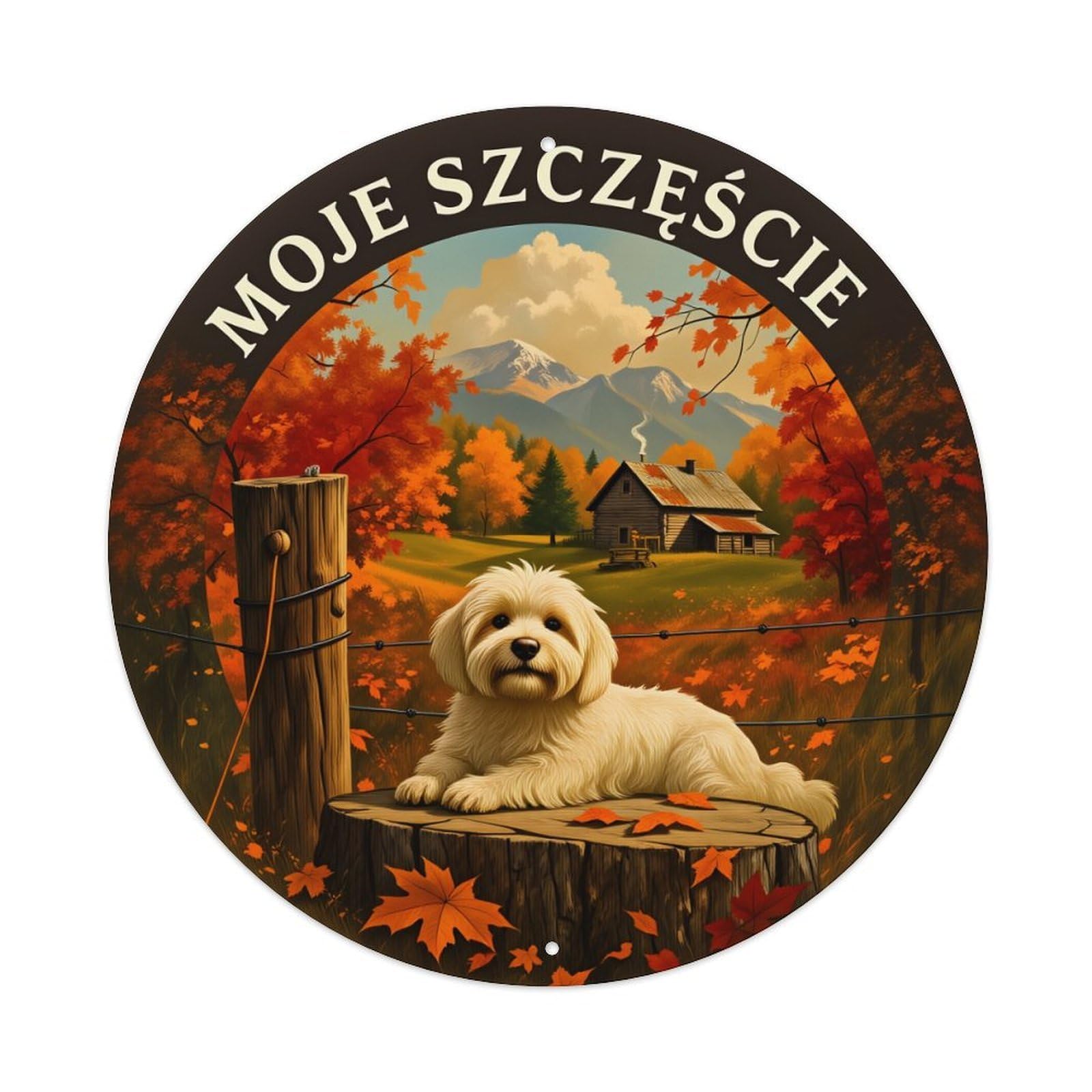 Autumn Landscape Dog Cabin Mountains Round Tin Sign Vintage Style Metal Sign Home Bar Garden Wall Plaque Decor Metal Poster 8x8 Inch