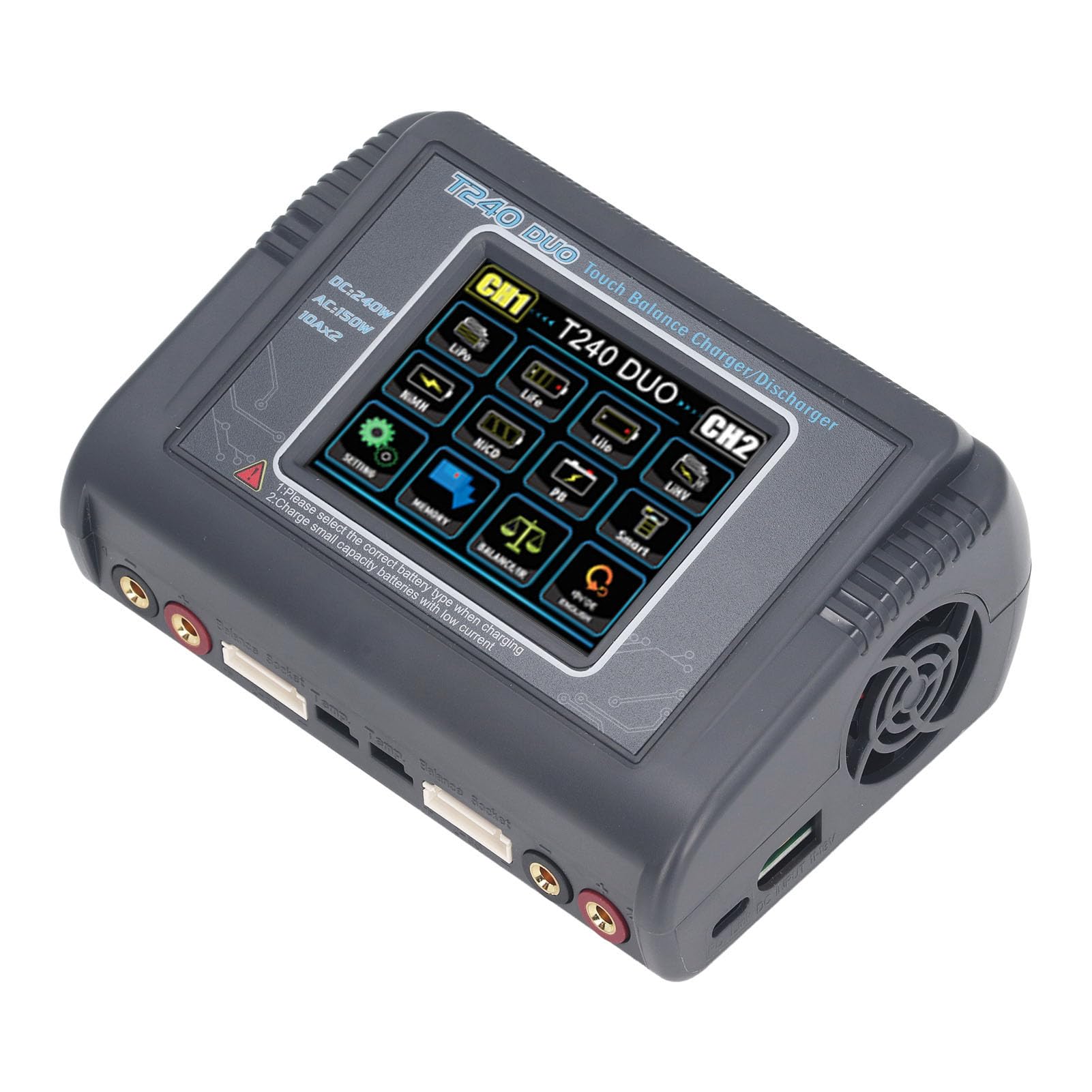 CHICIRIS Chargeur de Batterie LiPo, Double Chargeur de Batterie de Voiture RC 10 A, à équilibre Rapide avec Ventilateur de Refroidissement à écran Tactile, pour LiPo LiHV (Prise UE)
