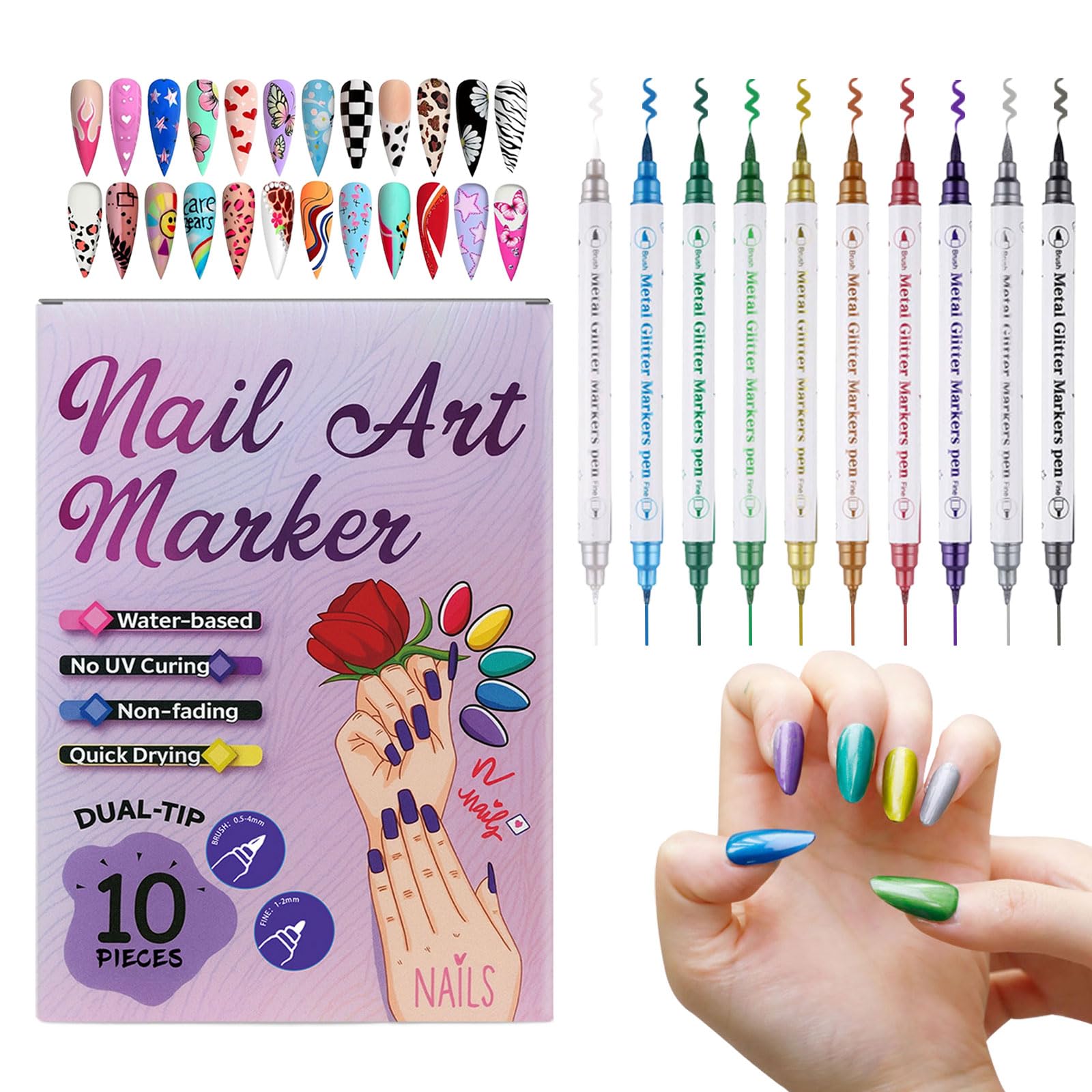 Photo 1 of 10-Color Metallic Glitter 3D Nail Art Pen Set, Double-Ended Dotting & Coloring Pens, Soft + Hard Tips, DIY Nail Art Creative Graffiti Tool