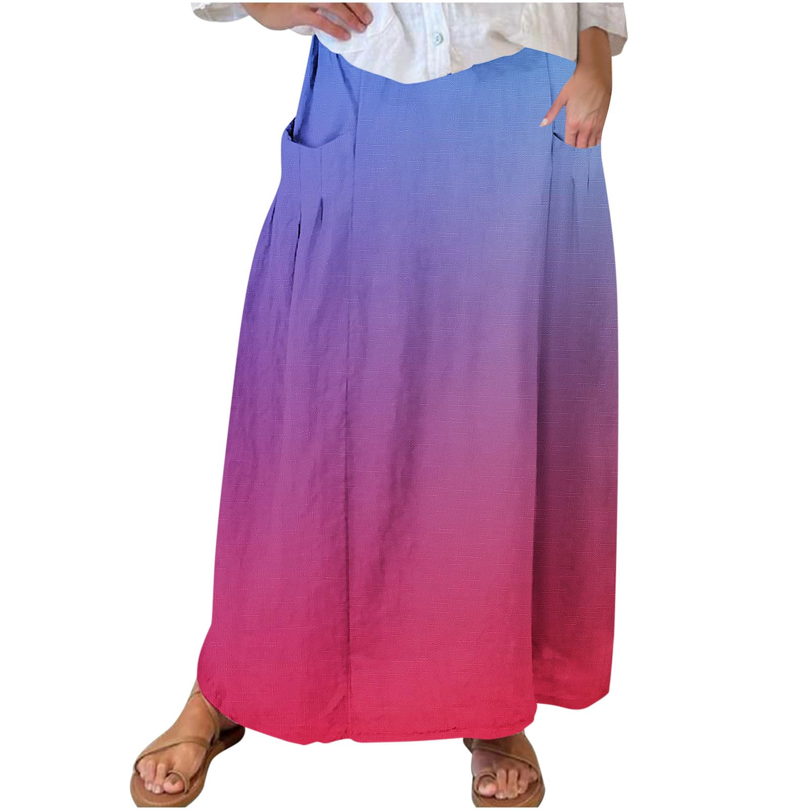 Womens 2024 Summer Skirt Trendy Casual Pleated A-Line Swing Maxi Skirts Boho Vacation Loose Long High Waist Skirts