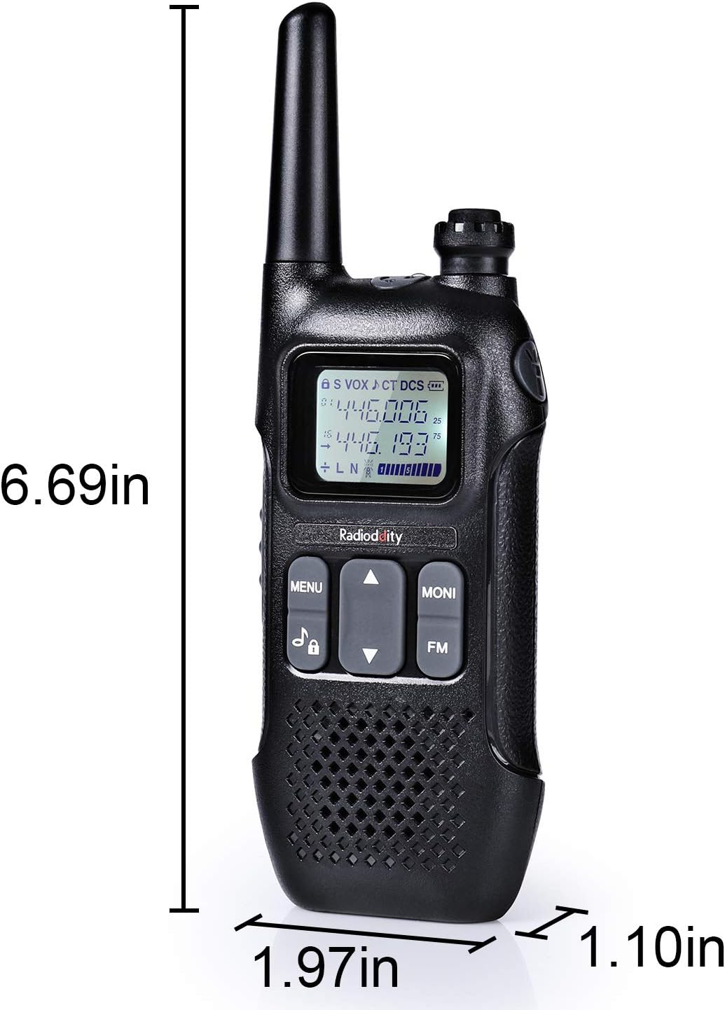 Dimensions of the Radioddity PR-T1 two-way radio.