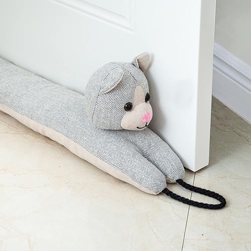 Marwood Under Door Draft Stopper Decorative Wind Stopper 36 inch for Door & Window, Weighted Animal Air Draft Stopper Snake Noise Blocker for Bottom of Door with Hanging Loops - Grey Cat - Grey Cat - 36 inch