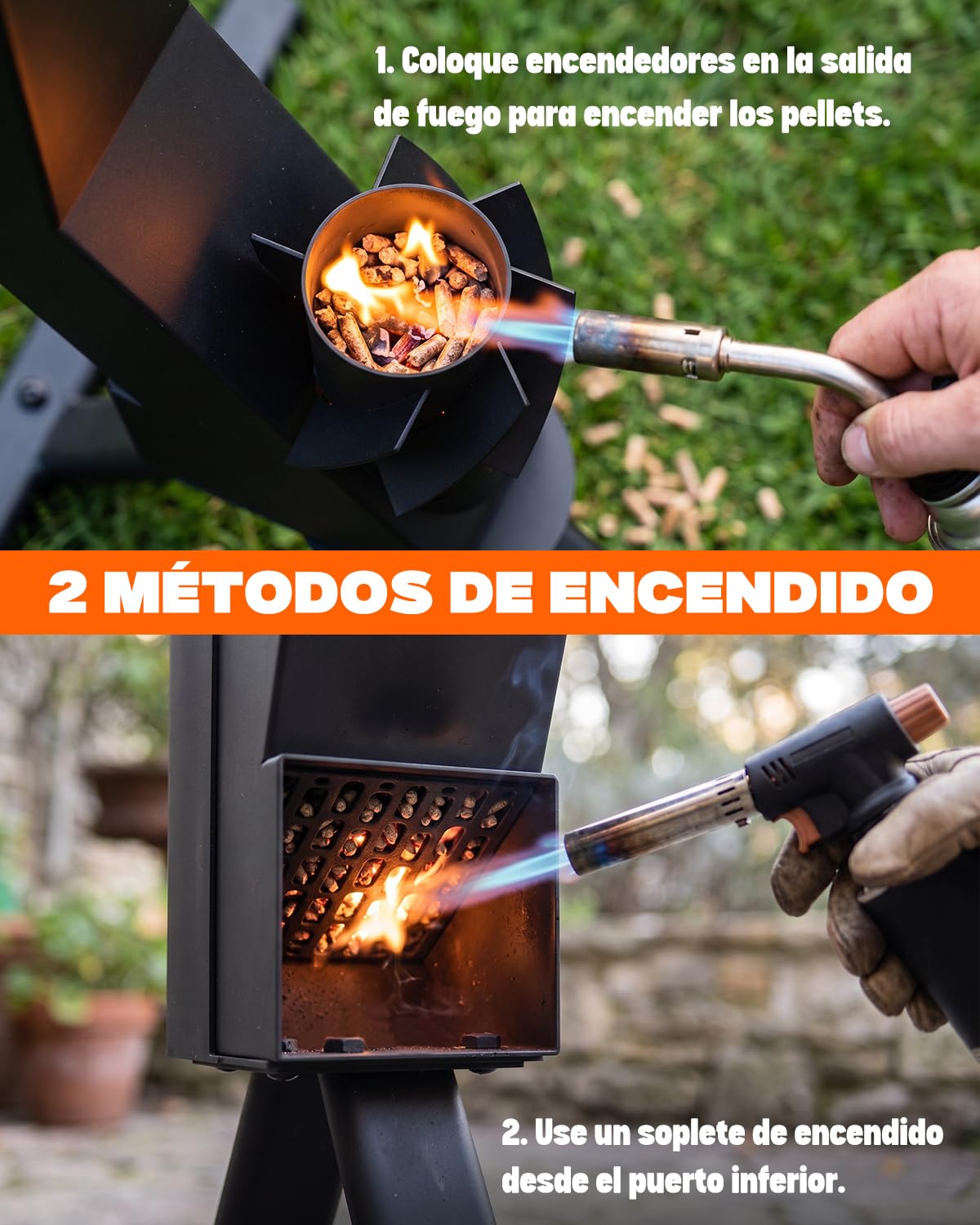 Onlyfire Estufa de Exterior de Pellets, Antorcha con Llama en Espiral de 360°, Chimenea de Jardín con Cilindro de Cristal de 65cm, Brasero de Exterior para Terraza y Camping, Altura Total 110cm
