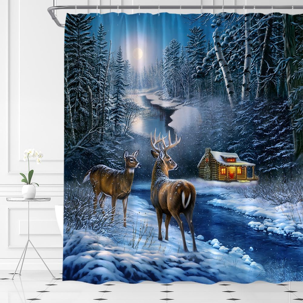 4 Piece Merry Christmas Shower Curtain Sets,Vintage Rustic Red Truck Xmas Tree Snowman Retro Farmhouse Winter Bathroom Decor Polyester Curtain with Hook (Bath Mat,Toilet Seat Cover, U-Shaped Toilet)