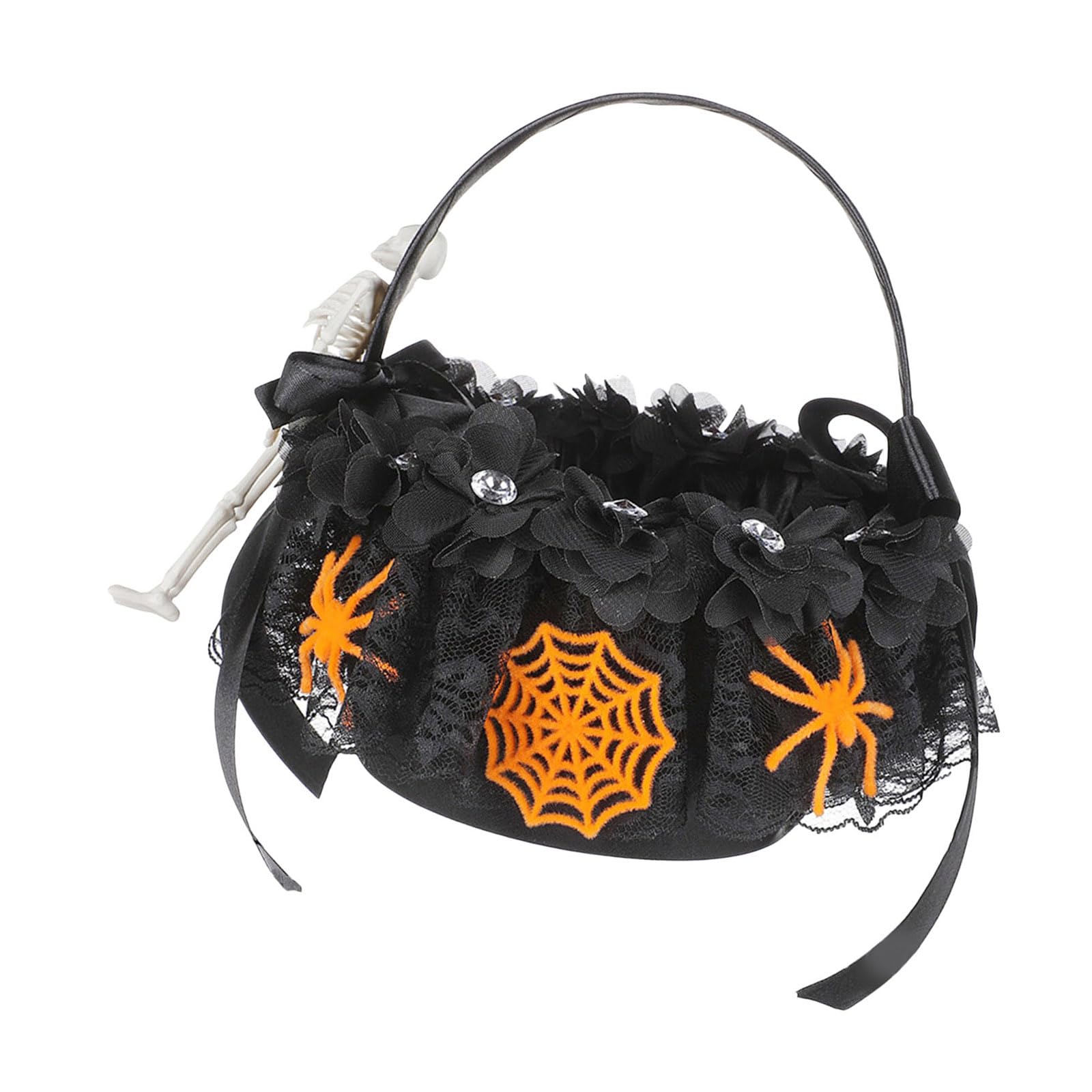 TFAOYS Halloween Candy Bucket with Single Handle, Lace Trim, Polyester Blend Holder for Treat Collection and Parties Halloween Tote Lace Trim Treat Holder Candy Pouch Seasonal Event Tote