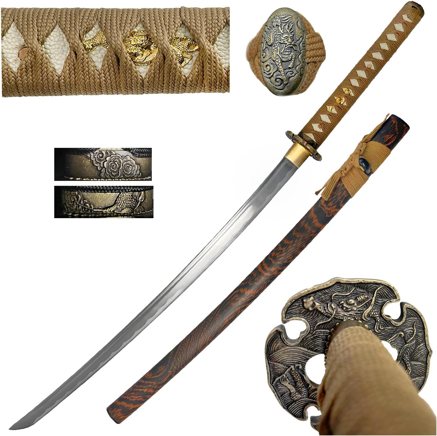 40" Full Tang with Wood Patern Design Brown Scabbard Hand Forged Katana Samurai Sword 1045 High Carbon Steel