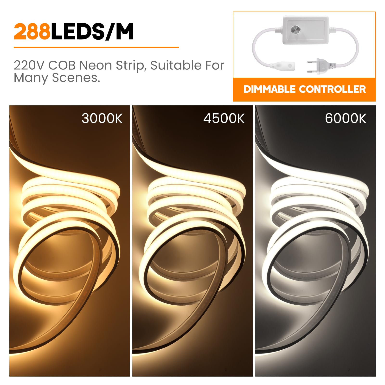 KISUFU 220 V Cinta LED COB, Flexible Led Banda Neon Diadema con Dimmer Impermeable IP65 LED Tira luminosa para dormitorio, jardín, techo decoración, 10 m, blanco natural
