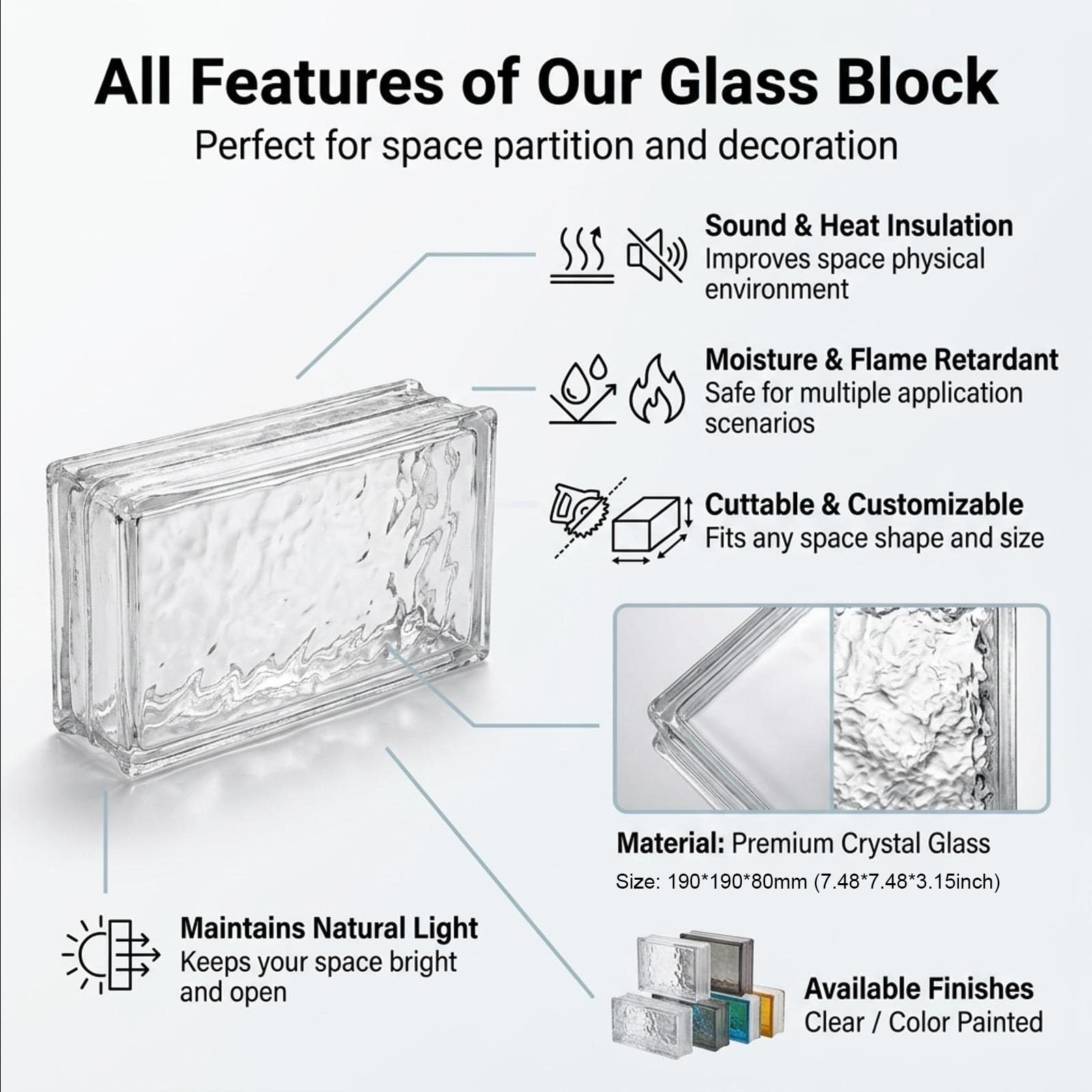 Briques de verre pleines pour cloisons, blocs de verre décoratifs 19×19×8 cm pour séparateurs de pièces, décoration architecturale intérieure moderne(H)