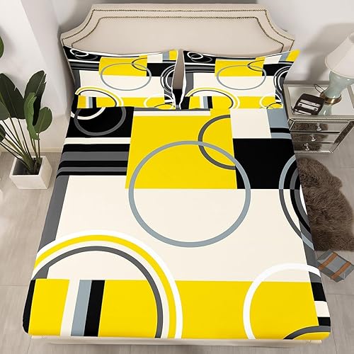 Miniatura 2 de Juego de sábanas modernas de tamaño Queen, color amarillo, gris y negro, juego de sábanas geométricas a rayas para niños, niñas, niños y