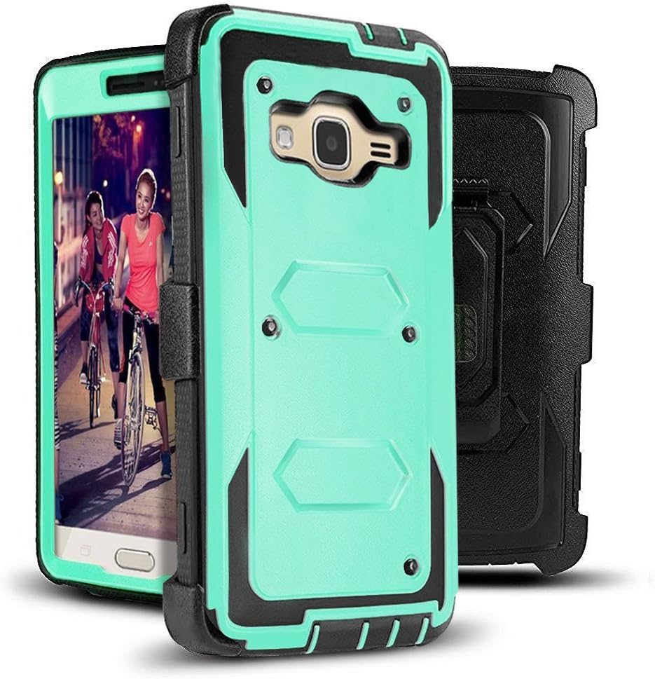 J.west Galaxy J3 Case, J3 (2016) Case, Hard Shock Absorption Full Body Rugged Hybrid Stand Holster Belt Clip Defender Phone Cover for J3, J3 (2016), J3 V, Express Prime, Amp Prime, Galaxy Sky Mint