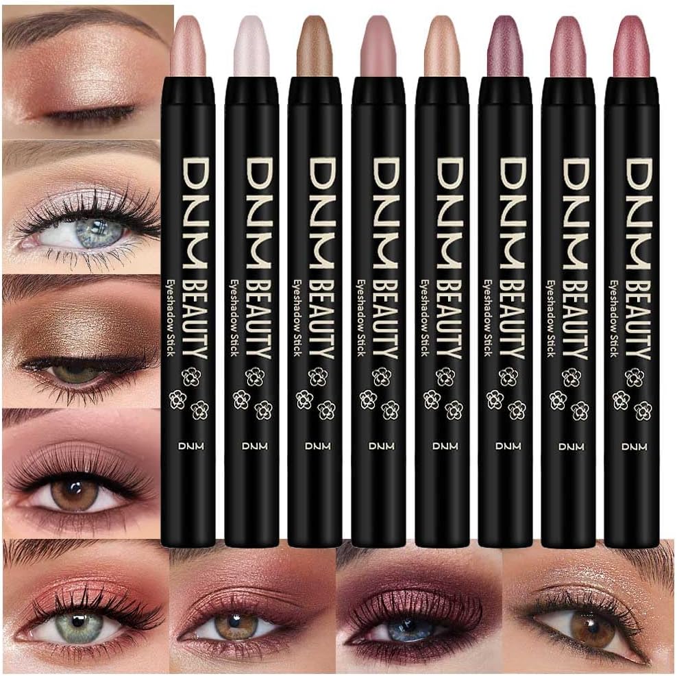 8Pcs Cream Eye Shadow Brightener Sticks Makeup Sets, Champagne Pearl Bronze Putty Sand Orchid Rose Gold Shimmer Matte Eyeshadow Eyeliner Pencil Applicator Stick Palette Makeup for Older Women 08