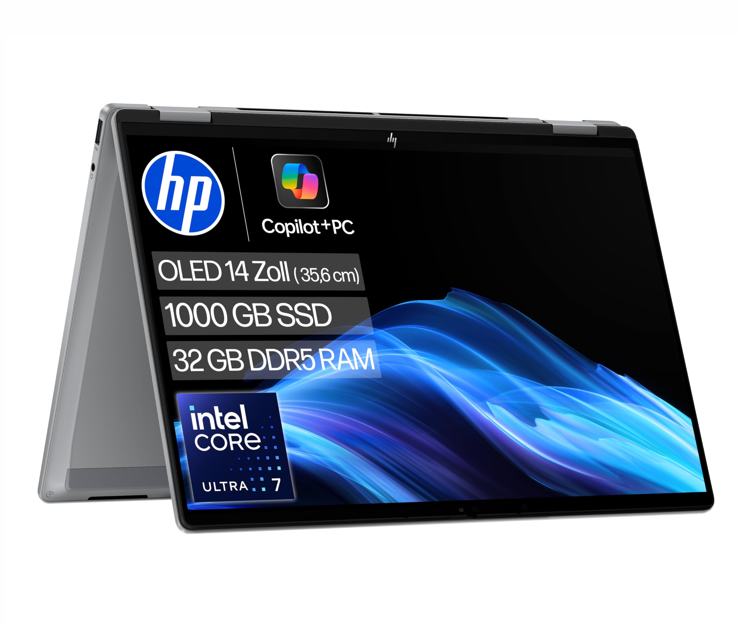 HP OmniBook X Flip 2in1 Next Gen AI Laptop | Intel Core Ultra 7 258V | dedizierte NPU für KI | 47 NPU Tops | Copilot+ PC | 14" 3K 2880x1800 OLED Touchscreen | 32 GB | 1TB SSD | Win11 | QWERTZ | Silber