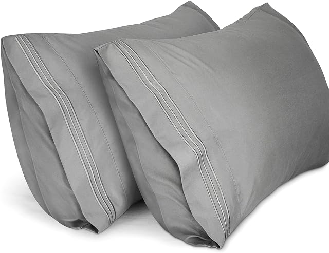 LiveComfort Pillow Cases (2 Pack), Embroidered King Size Soft Brushed Microfiber Pillowcases, Machine Washable Wrinkle Free Breathable (Pale Grey, King)