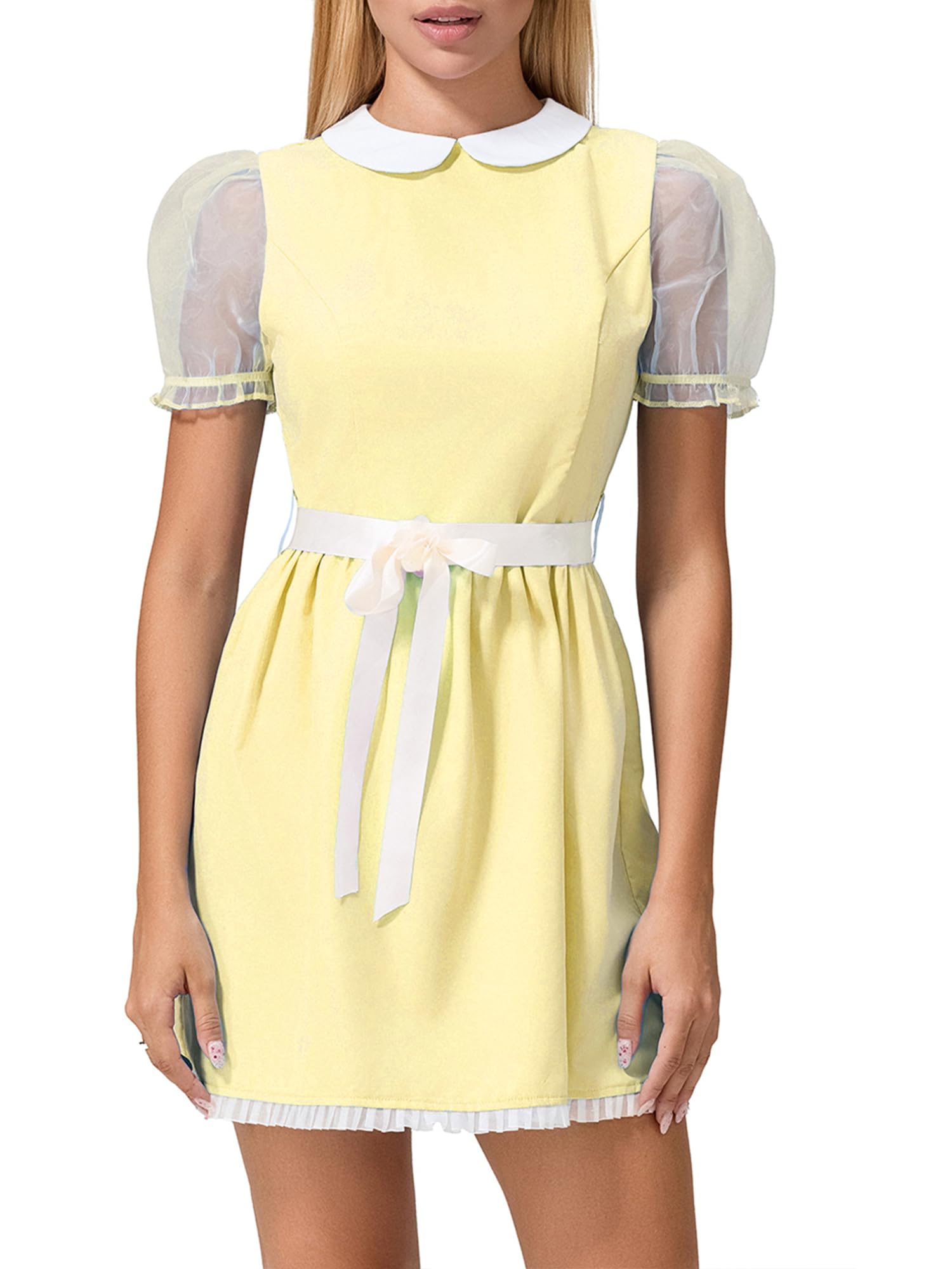 LYSINK Women Halloween Costume Short Puff Sleeve Blue Doll Dress Sister Twins Cosplay Lolita Mini Dress (A1-Yellow, XL)