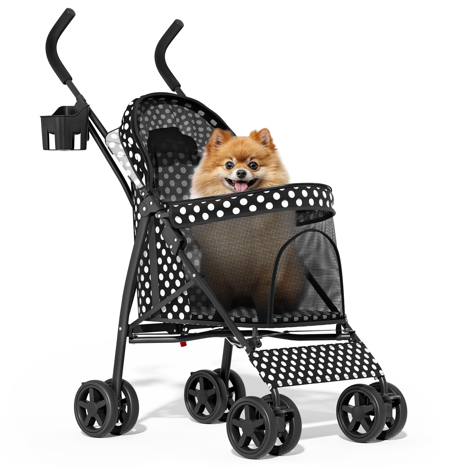 Photo 1 of 4 Wheels Pet Stroller, Easy-Fold Umbrella Shaped Dog Cat Jogger Stroller w/Storage Bag & Visible Mesh for Small/Medium Dogs Cats Black Polka Dots