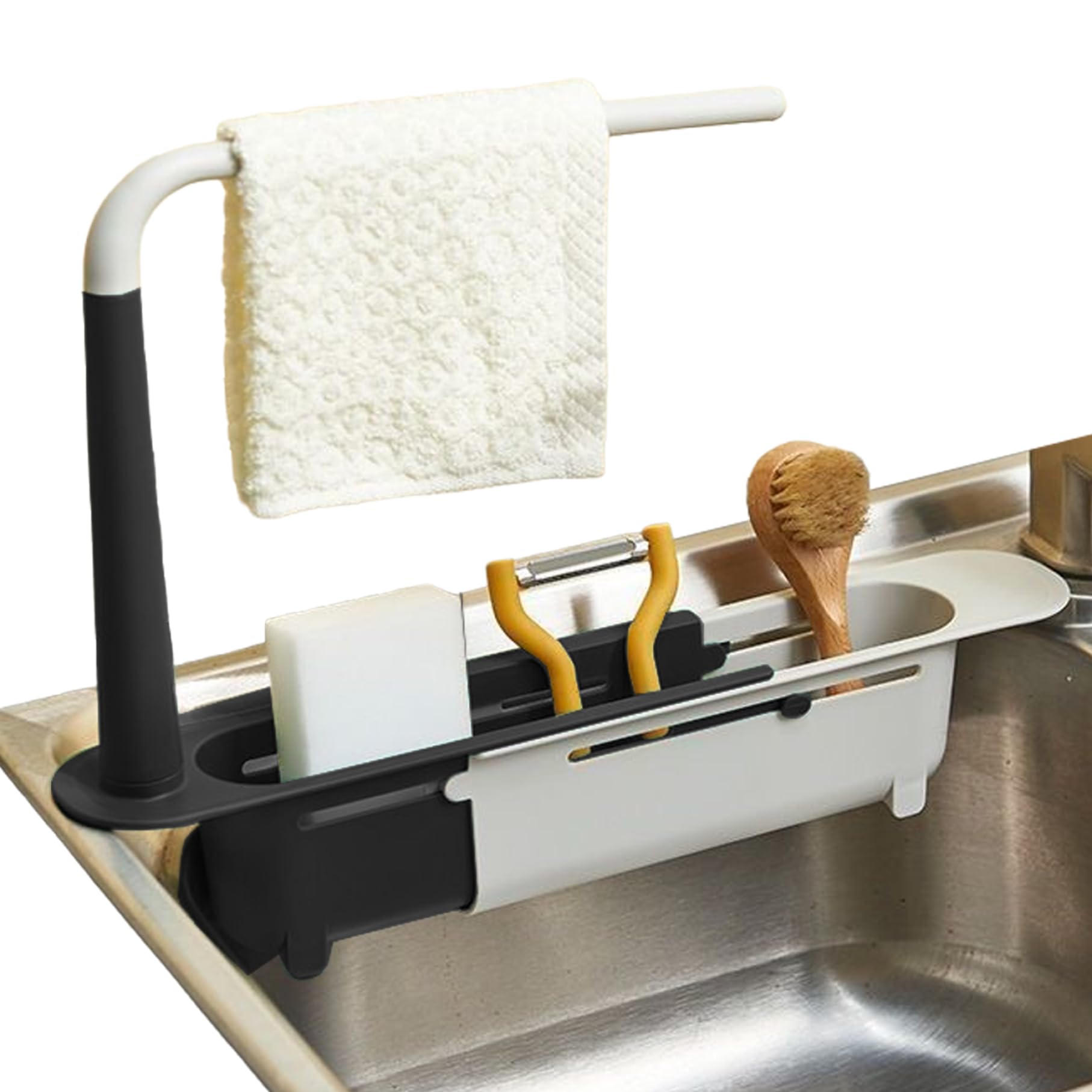 Hintyne Over the Sink Dish Drainer Drying Rack Dish Rack over Sink, Telescopic Drying with Tray Sponge Holder Adjustable Drain Basket Organizer with Dishcloth Hanger Black