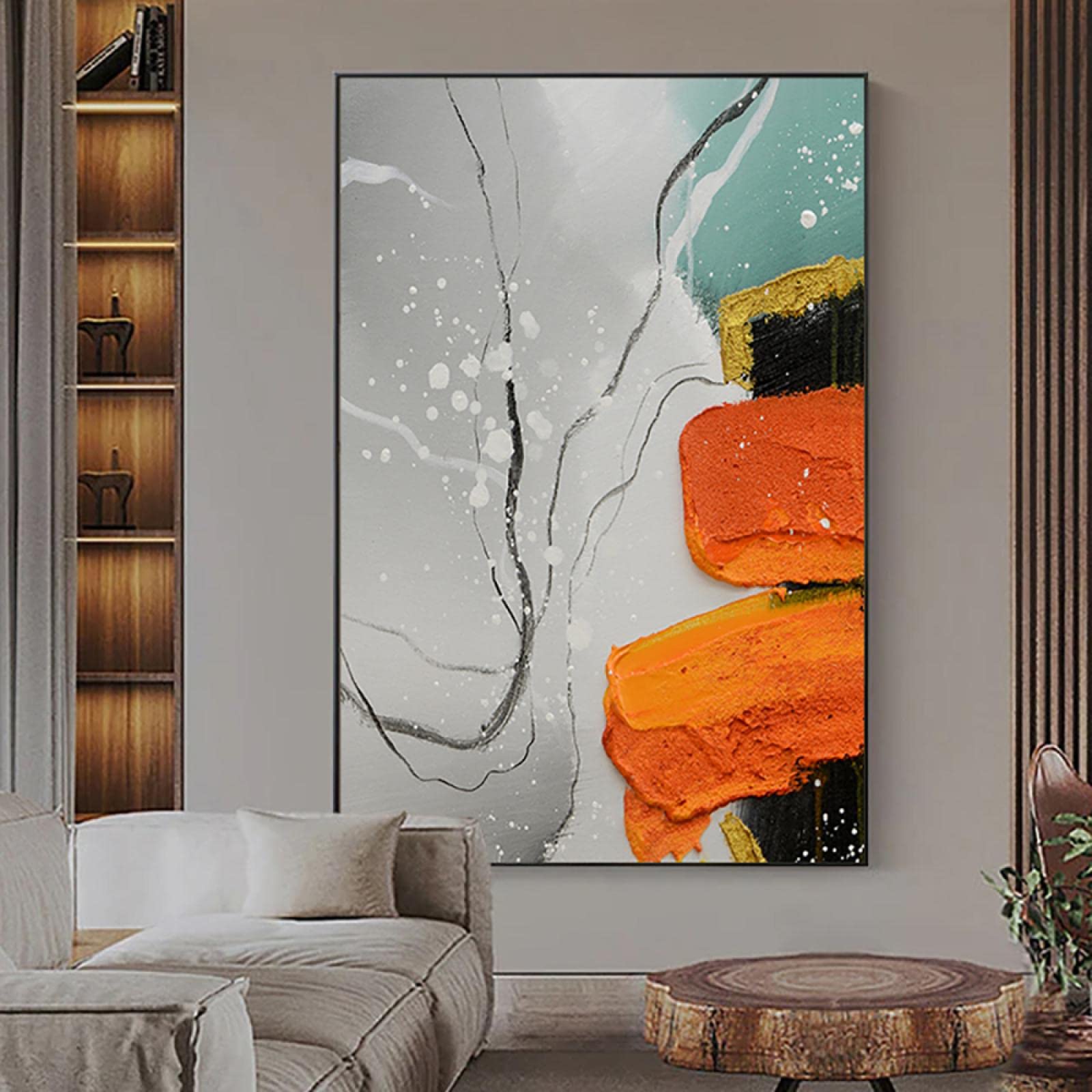 オレンジと黒の抽象画 木製フレーム付き