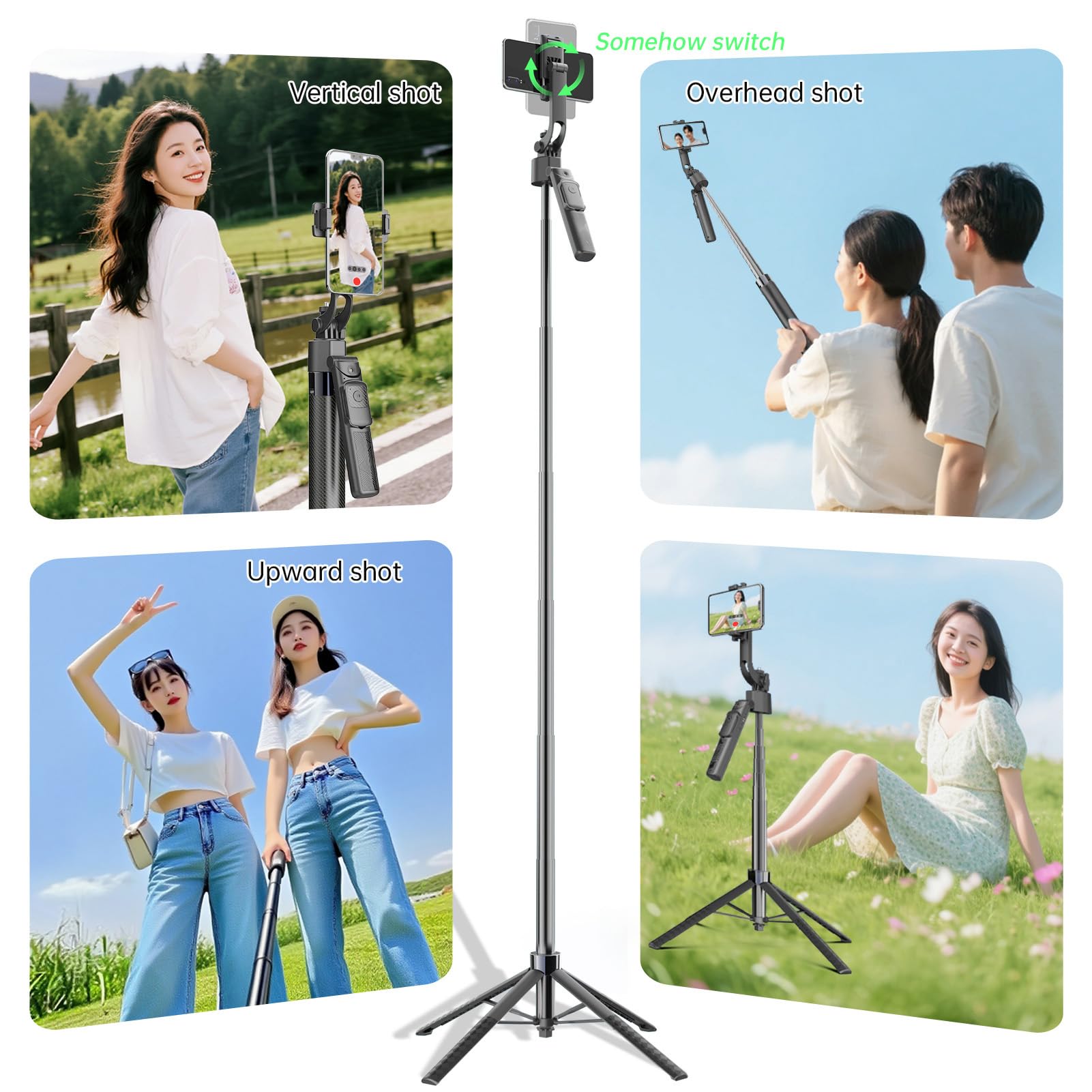 Soporte para teléfono móvil de 175 cm y palo selfie con seguimiento automático (cara/cuerpo), rotación de 360 grados con mando a distancia, palo selfie extensible para smartphones y cámaras de