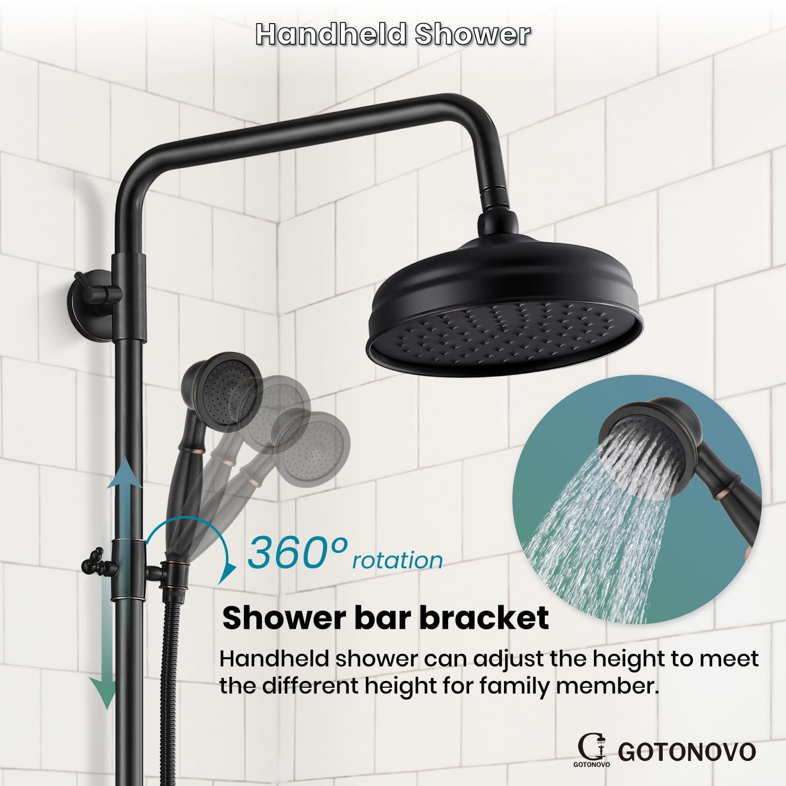 gotonovo Exposed Shower Faucet Set Oil Rubbed Bronze 8 Rain Shower Head 2  Double Knobs Cross Handle Shower System Combo Fixture Unit Set Dual Function