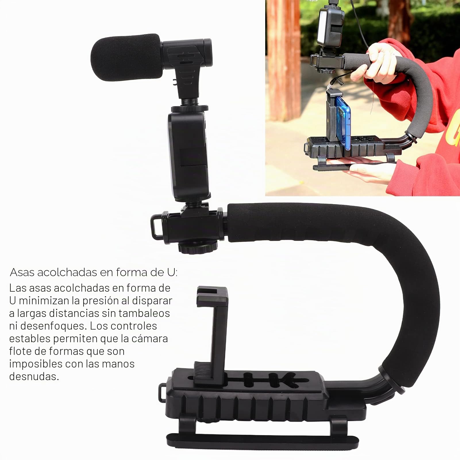 Estabilizador de Cámara de Vídeo Portátil con Micrófono de Luz LED, Estabilizador de Cámara Portátil en Forma de U para Cámaras SLR, DV y Cámaras Deportivas, Disparo Estable