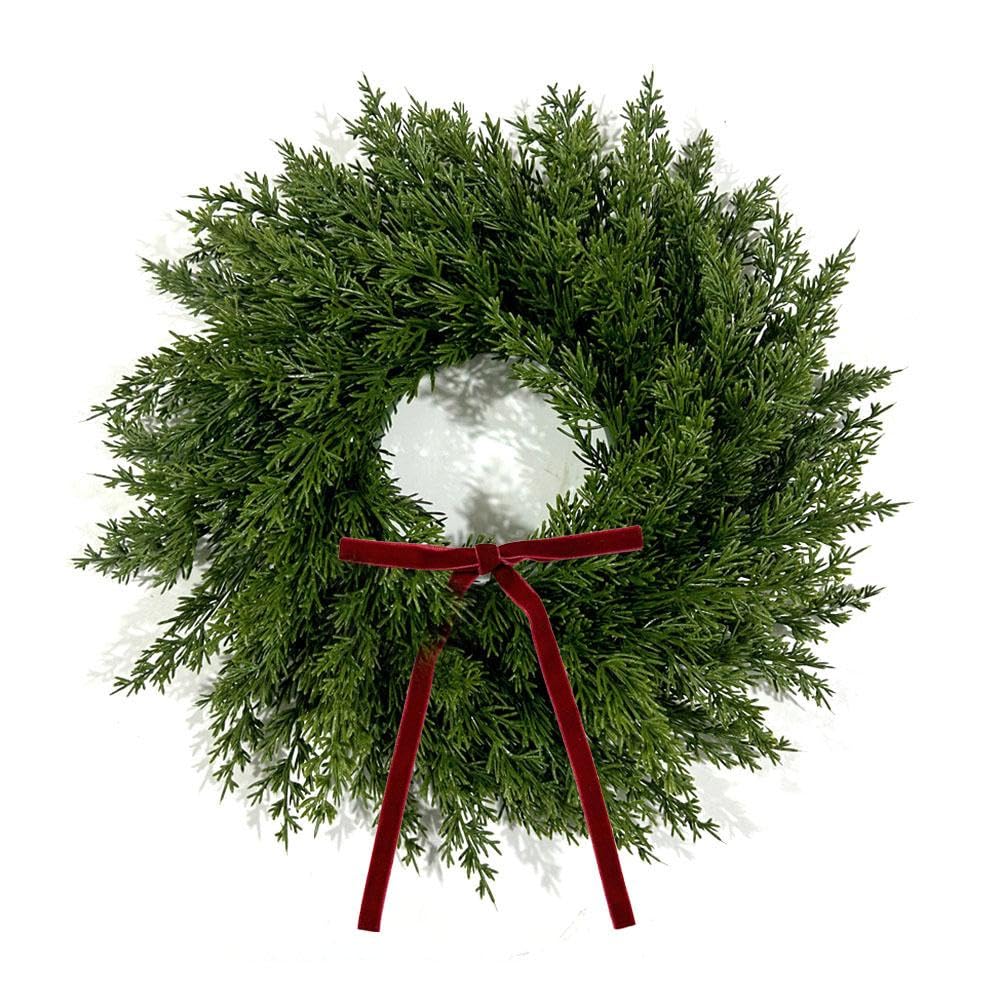12 Inches Christmas Pine Wreath with Red Bow Cedar Wreaths Realistic Christmas Decorations for Winter Indoor&Outdoor Porch Windows Wall Home Decor, Realistic Wreath for All Seasons