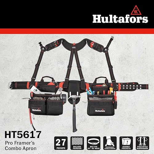 Miniatura 7 de Hultafors Work Gear HT5617 Pro Framer Combo Delantal con tirantes estilo yugo, cinturón de herramientas de poliéster balístico resistente, bolsillos